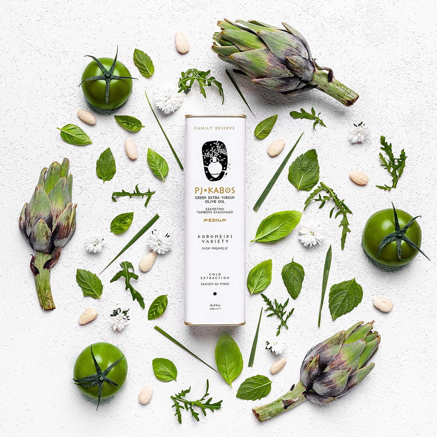 P.J. KABOS Fresh 2025/26 Harvest, High Phenolic (400+mg/kg), Natural Greek Extra Virgin Olive Oil, Kosher, Greece, Cold Extracted, 16.9 oz Tin, Koroneiki, "Family Reserve -Medium"
