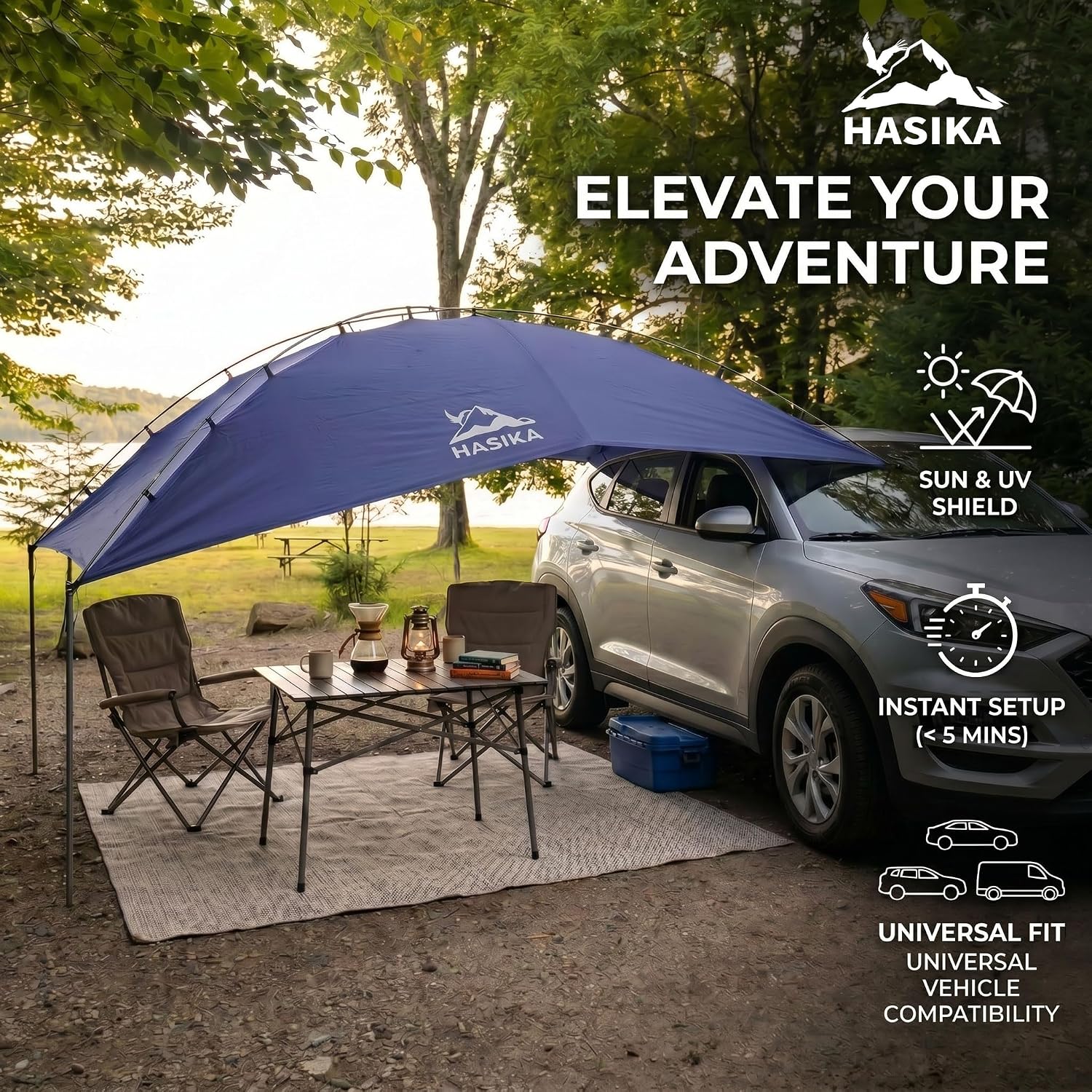 Hasika Waterproof SUV Tailgate Tent and Car Awning | Universal fit for SUVs Vans RV Trailer. Features heavy-duty suction cups, adjustable poles