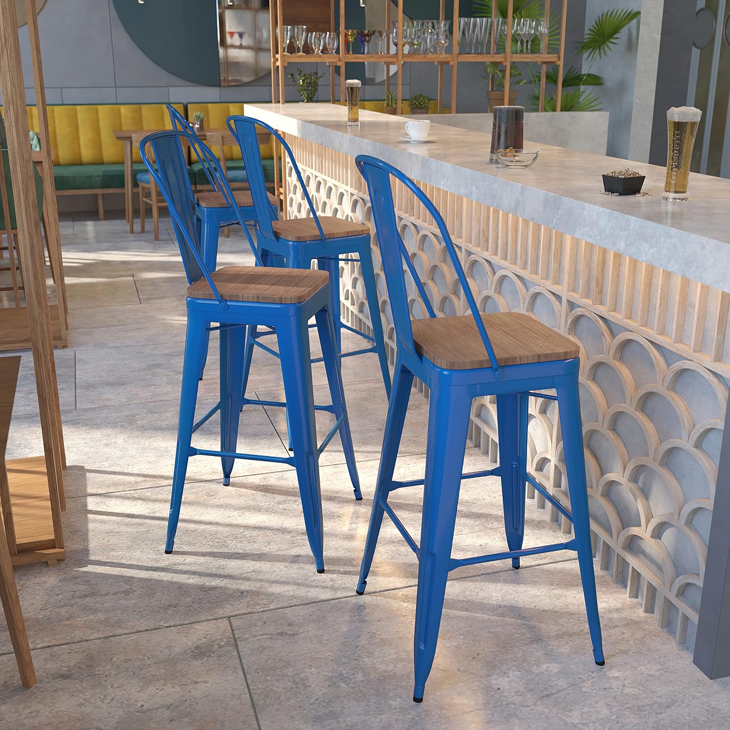 Flash Furniture 30 in Metal Barstool with Back, Blue | Commercial Grade, Removable Back, Indoor/Outdoor Use
