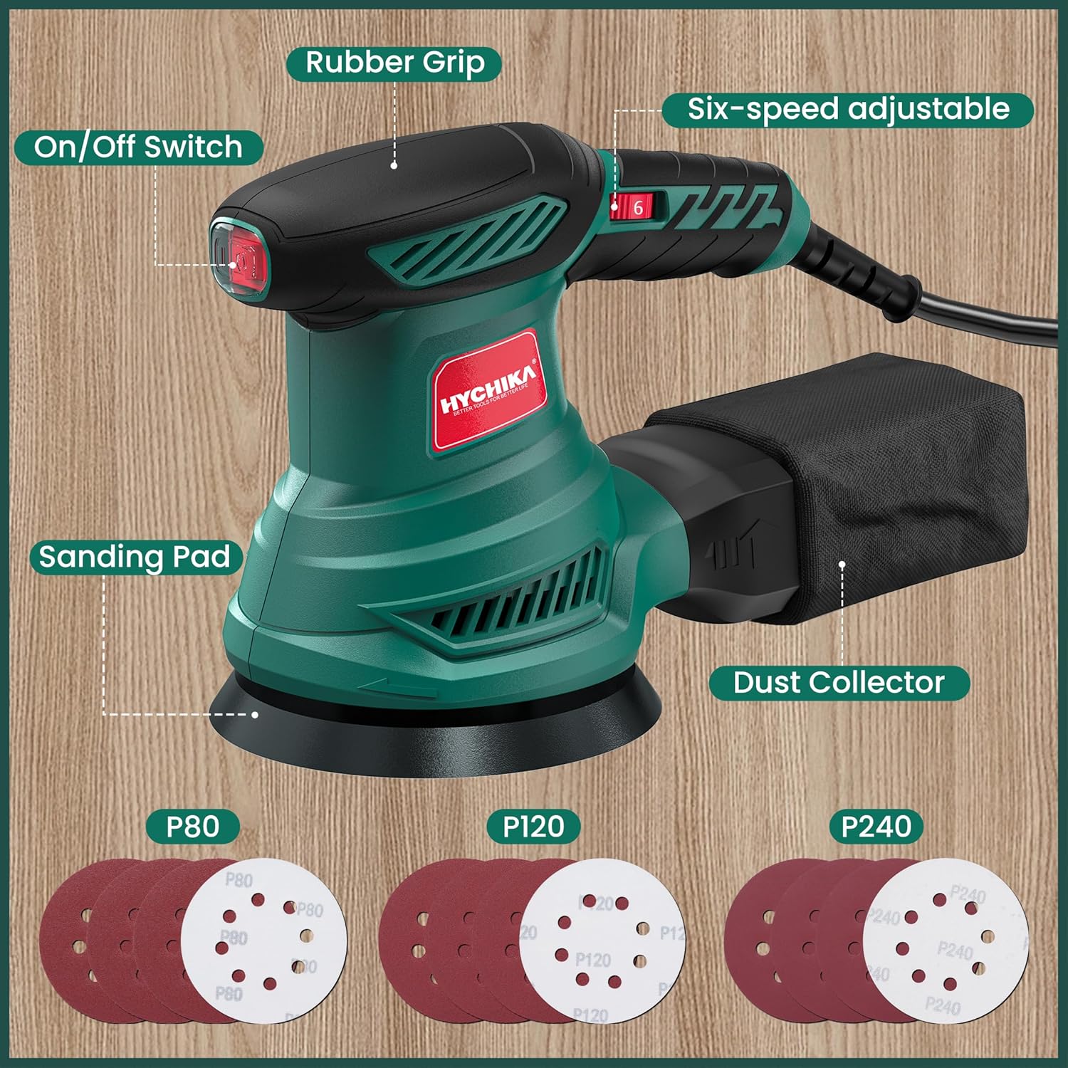 HYCHIKA 5-Inch Random Orbital Sander, 13000RPM Electric Palm Sander with 6 Variable Speeds, Powerful Motor