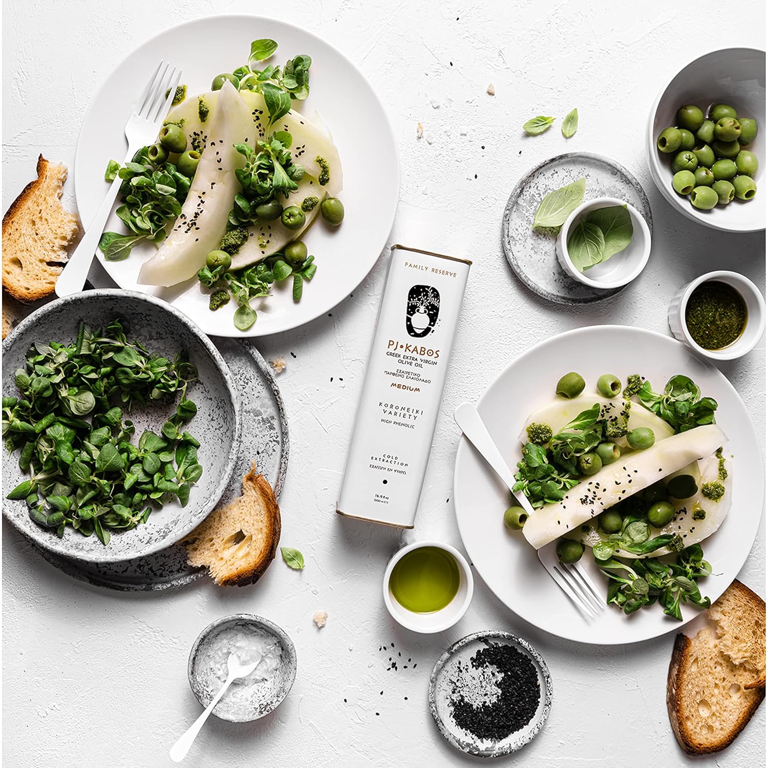 P.J. KABOS Fresh 2025/26 Harvest, High Phenolic (400+mg/kg), Natural Greek Extra Virgin Olive Oil, Kosher, Greece, Cold Extracted, 16.9 oz Tin, Koroneiki, "Family Reserve -Medium"