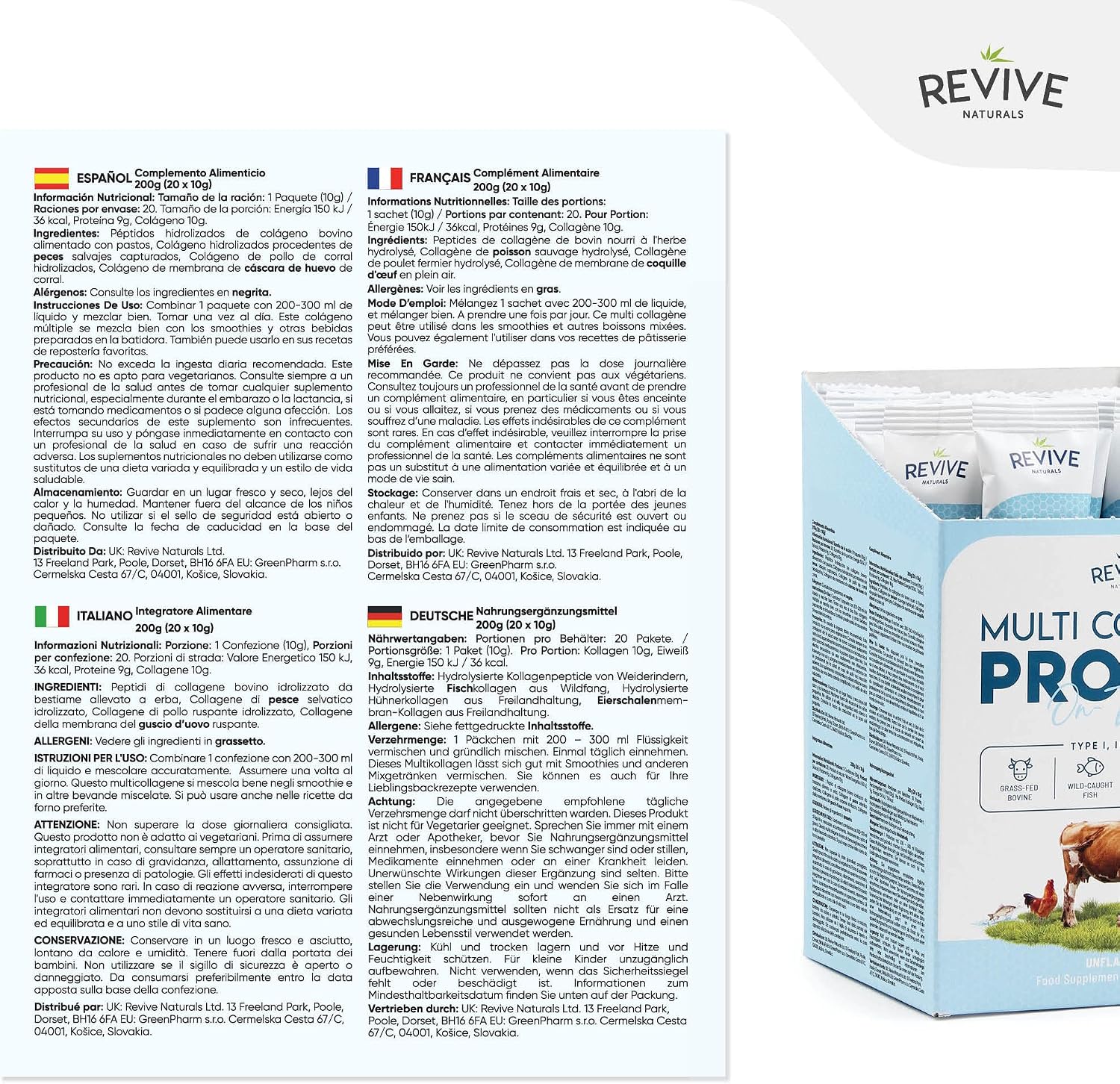 Revive Naturals Multi Collagen Hydrolyzed Protein Powder (16oz) - Types I, II, III, V & X - Grass Fed Bovine, Wild Caught Marine, Free Roaming Chicken & Eggshell Collagen Peptides,