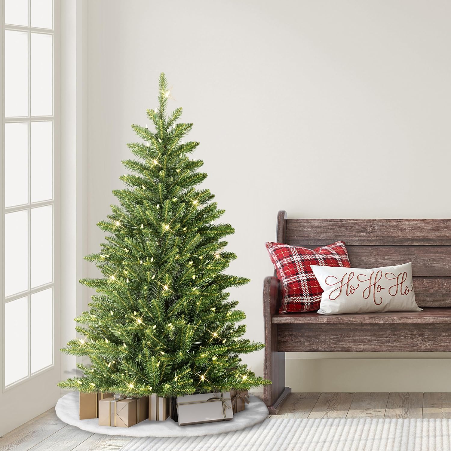 Puleo International 7.5ft Pre-Lit Slim Fraser Christmas Tree with 500 Warm White LED Lights, 1453 Realistic Dense Branch Tips, Easy Setup Artificial Trees with Sturdy Metal Stand