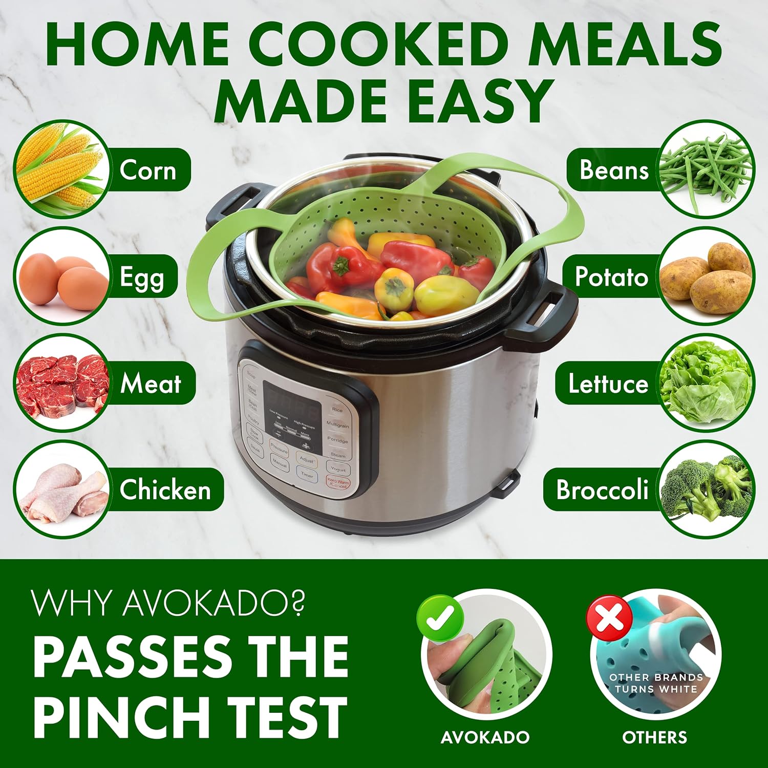 Avokado Silicone Steamer Basket for 3qt Instant Pot [6qt, 8qt avail], Other Pressure Cookers - 100% Food Safe, BPA-Free
