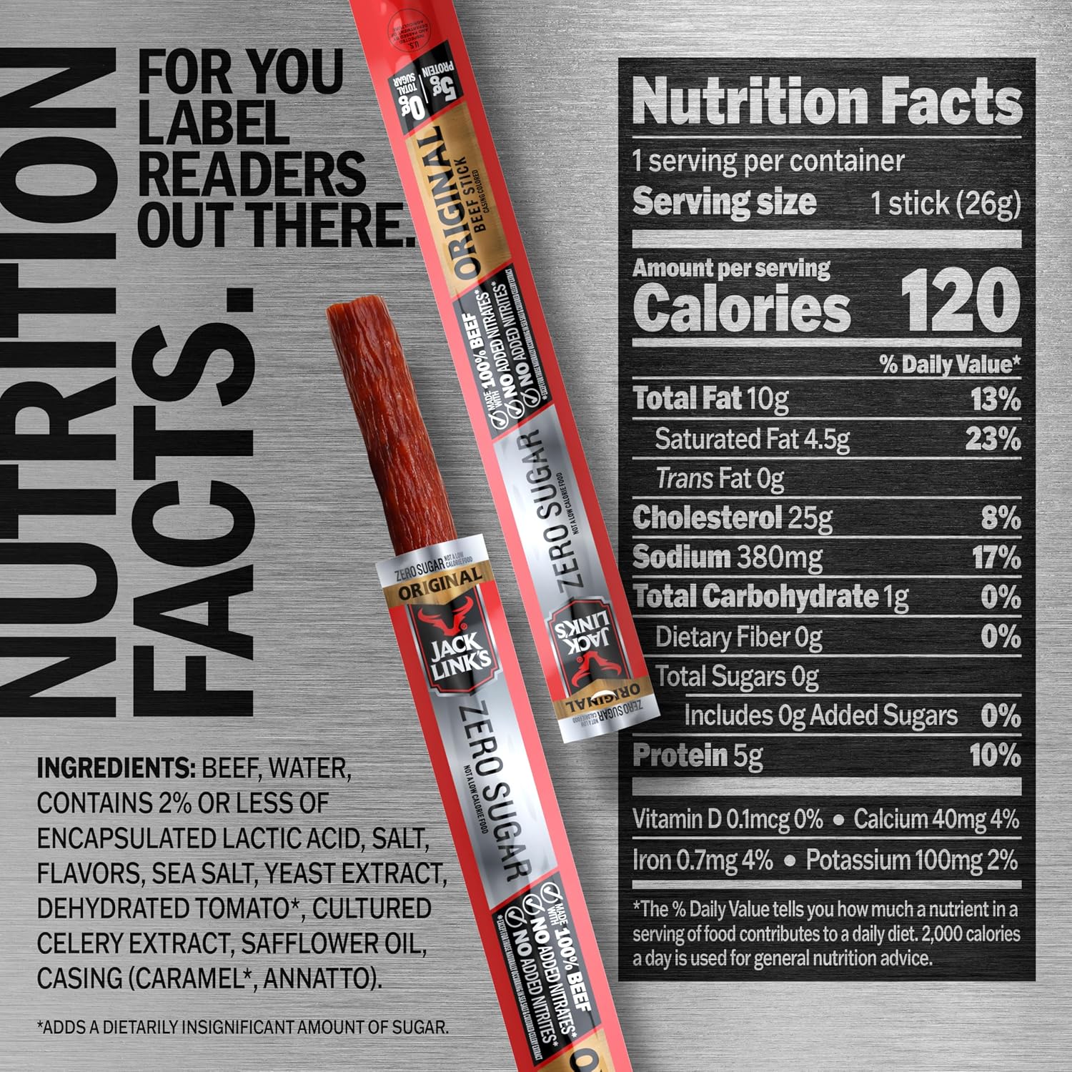 Jack Link's Original Beef Jerky Sticks - Made with 100% Real Beef - Ready to Eat Real Meat Protein Snacks - 6g Protein per Serving - 0.92 oz Meat Stick, 20 Count