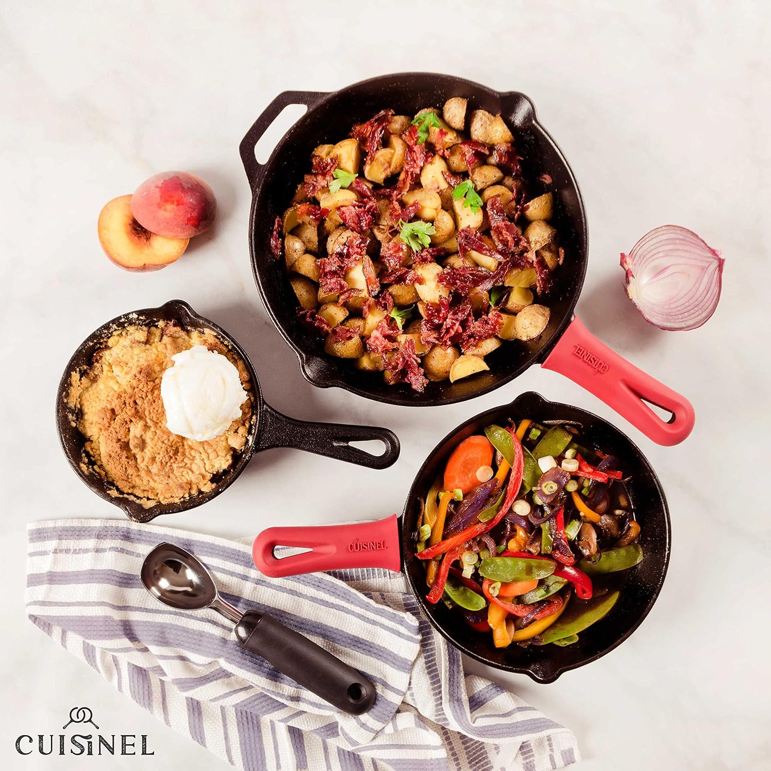 Cast Iron Skillet - 10"-Inch Frying Pan with Pour Spouts + Pan Scraper + Silicone Grip Handle Cover Holder - Pre-Seasoned Oven Cookware - Indoor/Outdoor Use - Stovetop, Induction. PFAS and PFOA-free