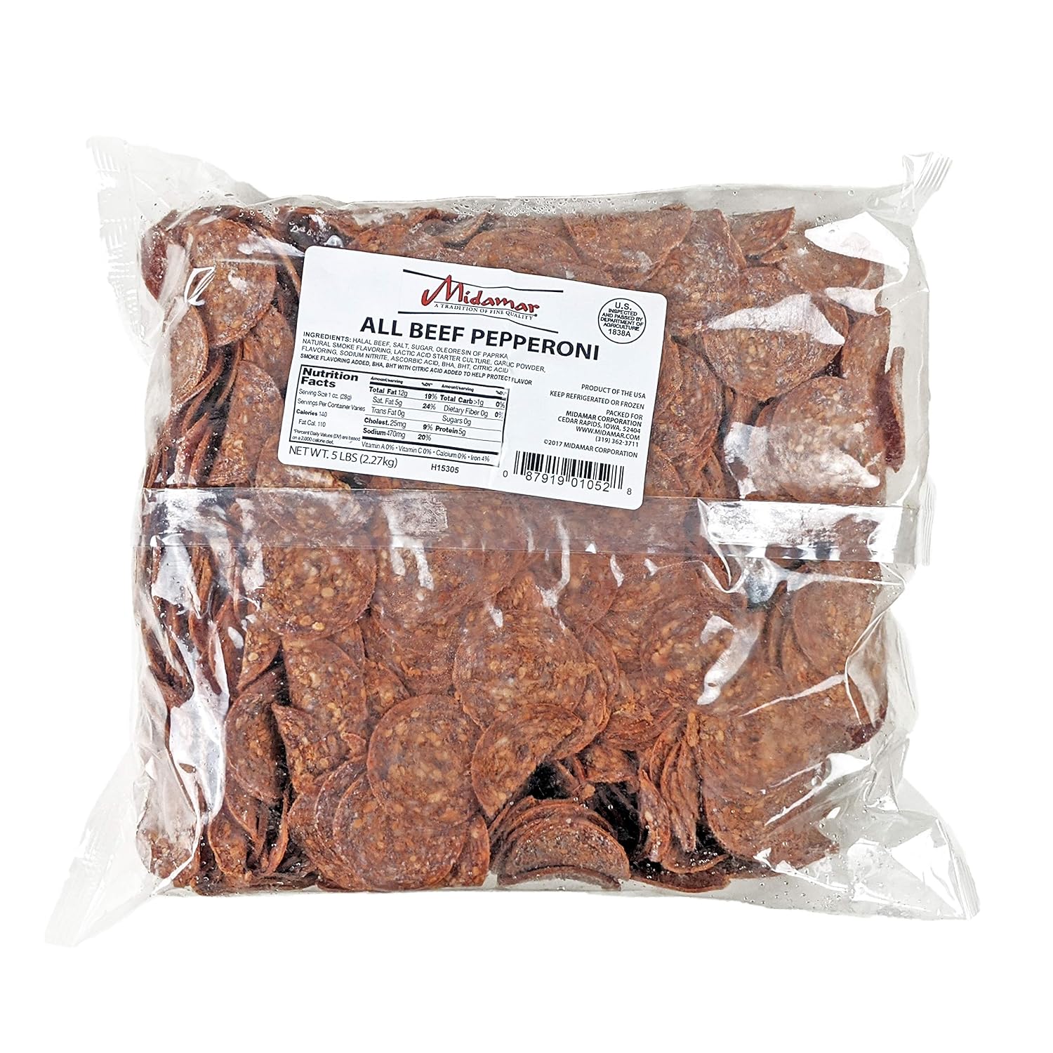 Midamar Halal Beef Pepperoni - Fully Cooked Sliced - 5 lb Bag