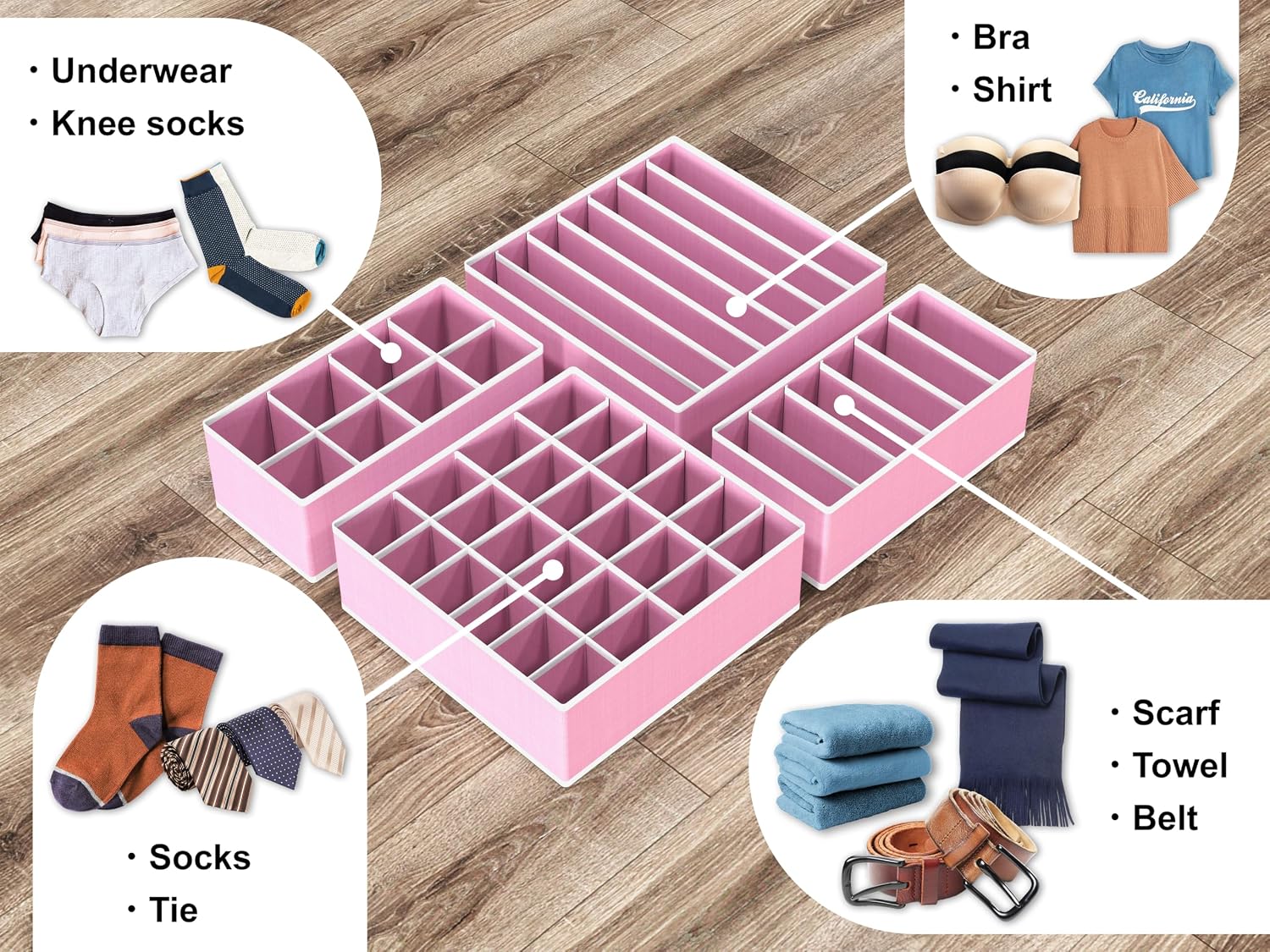 Simple Houseware 4-Pack Drawer Organizer Set for Underwear/Socks/Bra, Gray | Closet Dividers for Underwear, Socks, Bras, Scarves, Ties - Foldable Non-Woven Storage Boxes