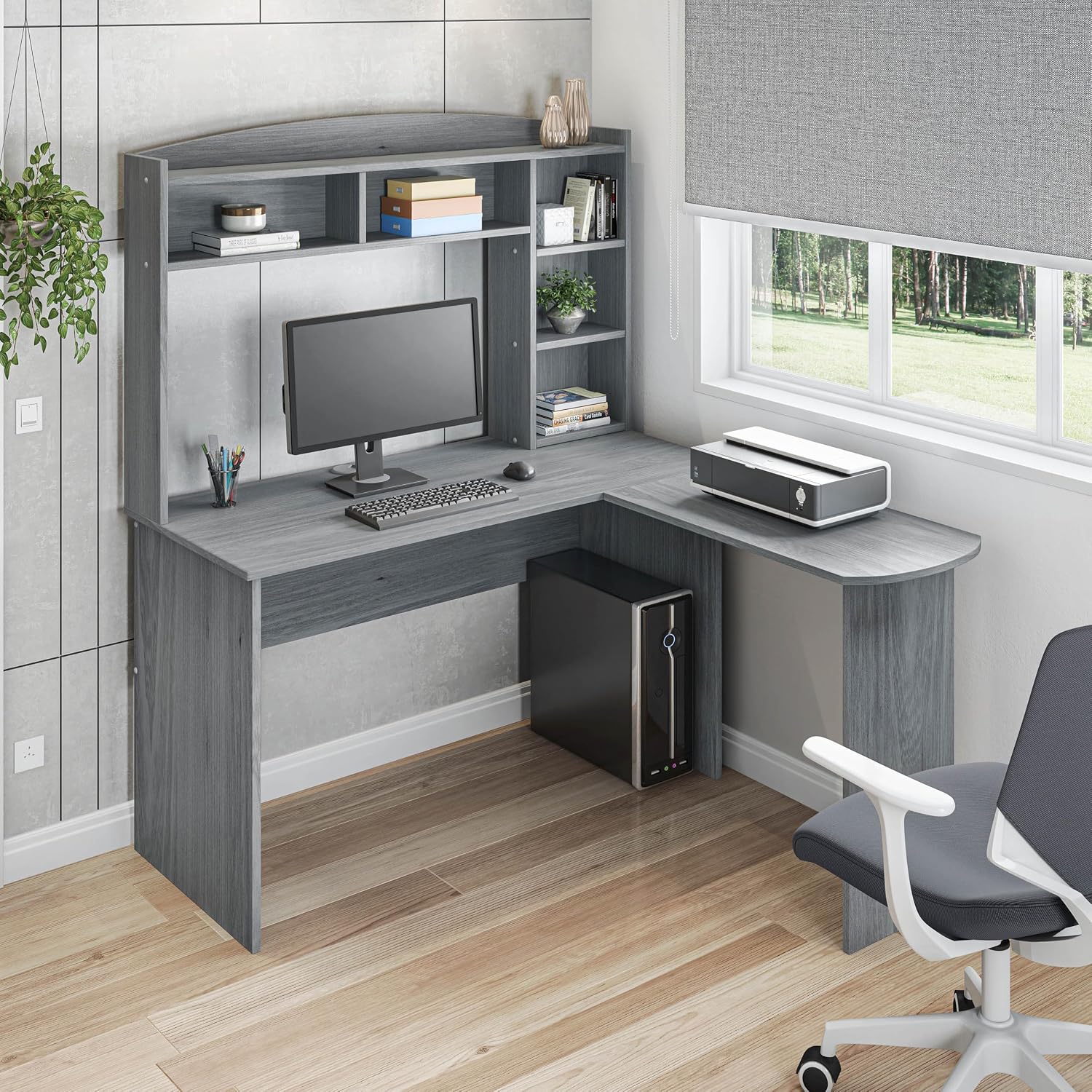 Techni Mobili Modern L-Shaped Desk with Hutch, Grey