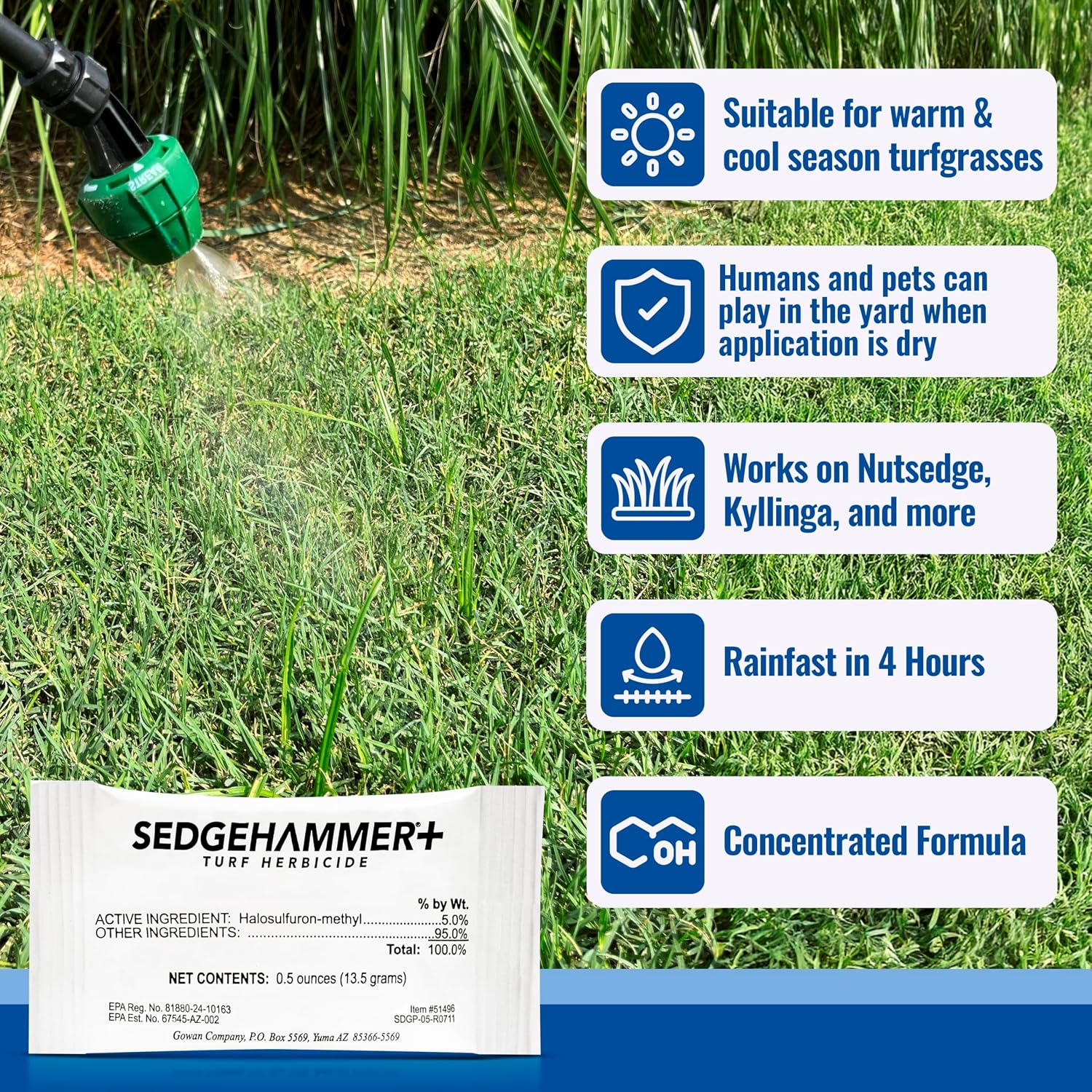 Sedgehammer Plus Turf Herbicide, Purple & Yellow Nutsedge Killer (1) | Lawns with Pre-Mixed Surfactant, Lawn & Pet Safe Weed Killer Mix for Residential Use