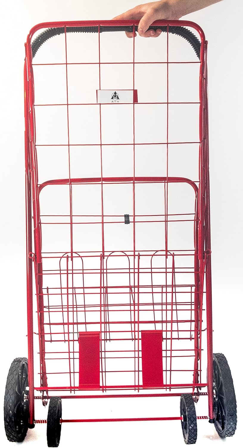 ATH Large Deluxe Rolling Utility / Shopping Cart - Stowable Folding Heavy Duty Cart with Rubber Wheels For Haul Laundry, Groceries, Toys, Sports Equipment, Red