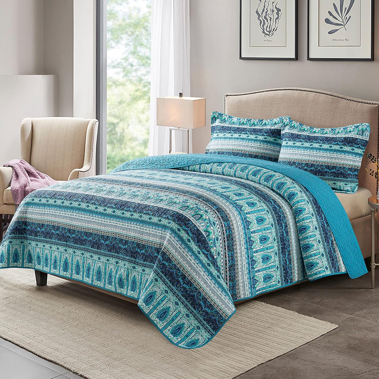 Striped Jacquard Style Cotton 3-Piece Patchwork Bedspread Quilt Sets, Queen Size