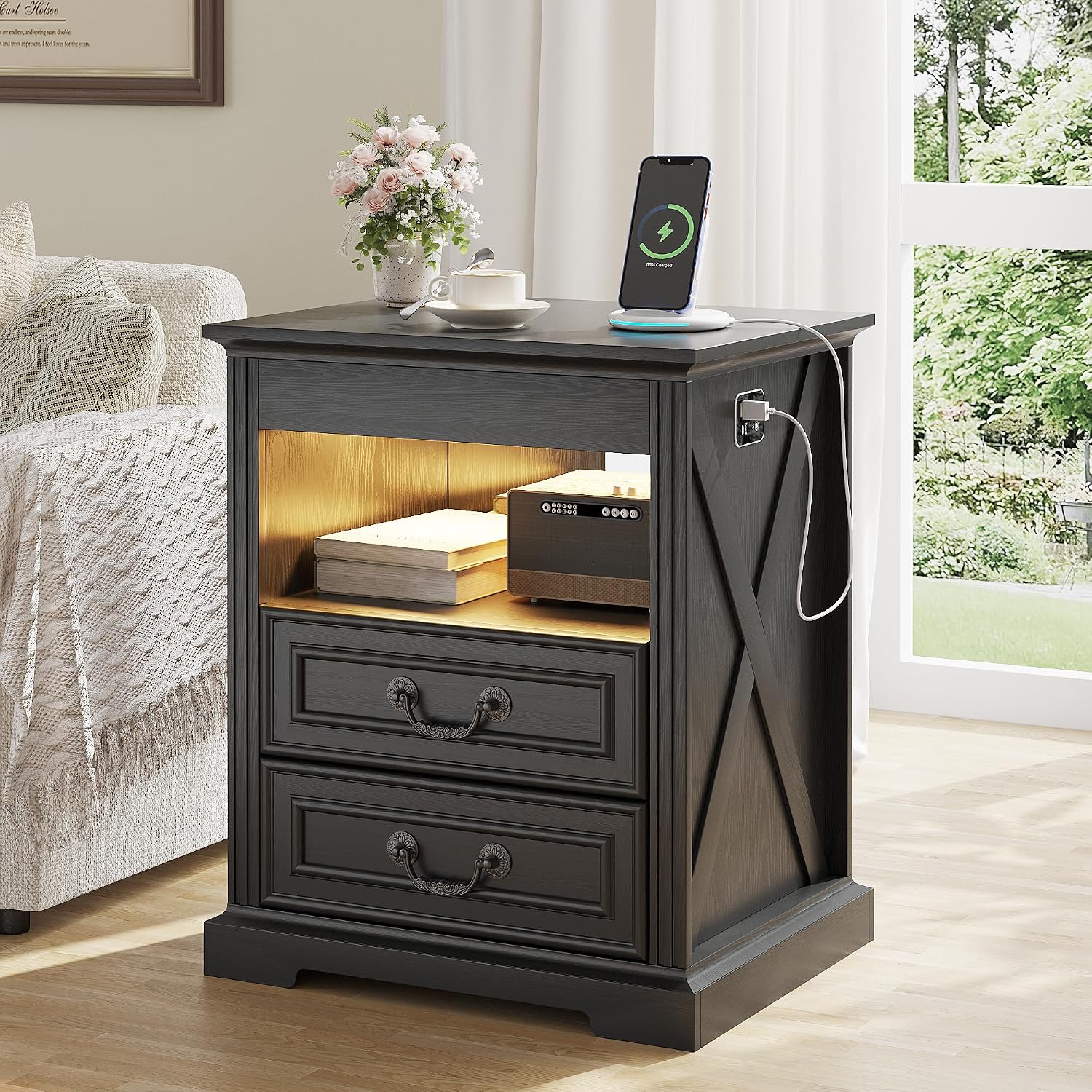 Dystler Nightstand with Hidden Gun Safe Drawer, Charging Station & LED Lights