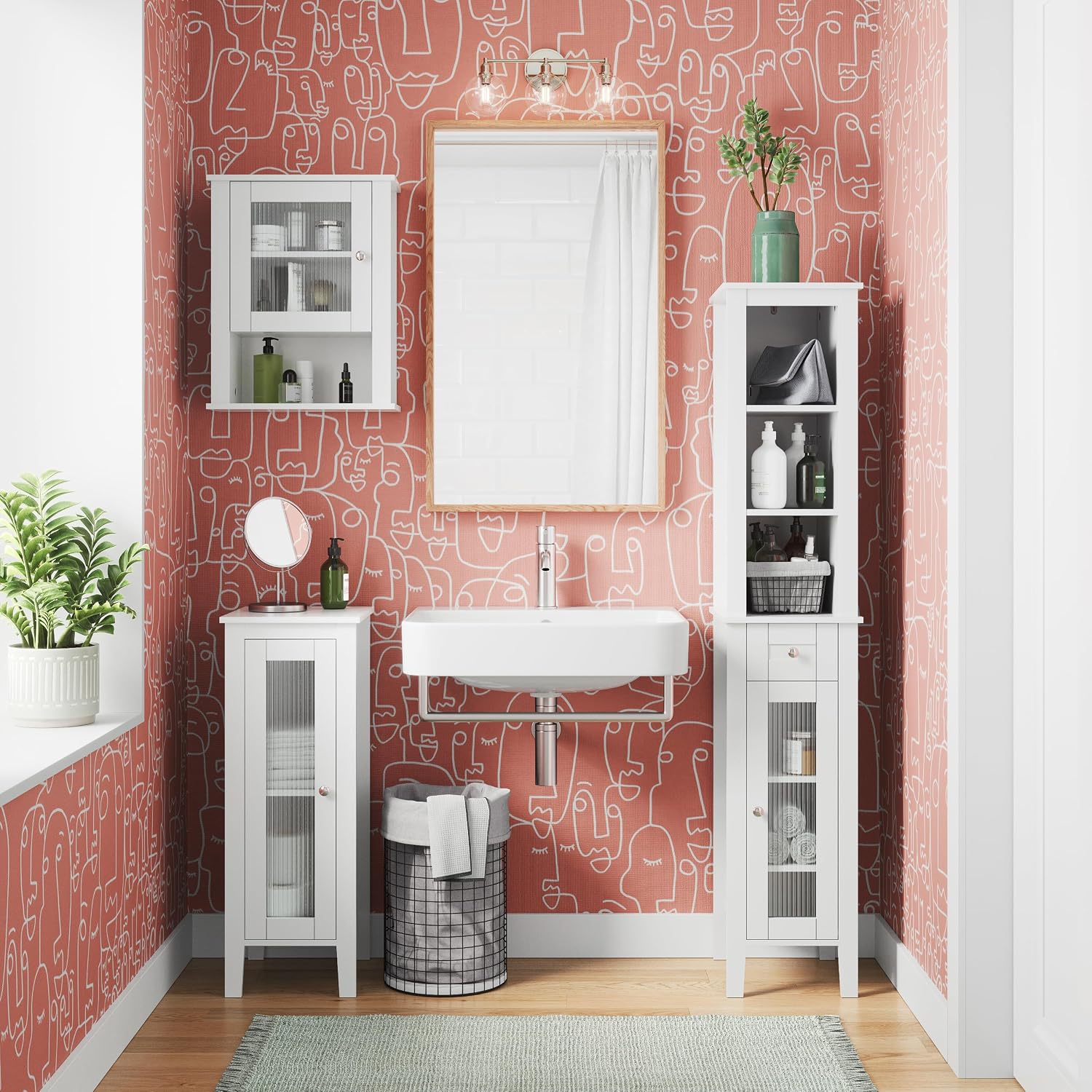 RiverRidge Prescott Tall Slim Bathroom Linen Storage Cabinet, White | Versatile Narrow Organizer with Reeded Glass Door, Open Display