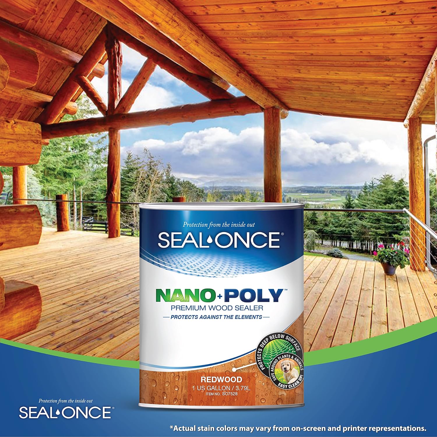Seal-Once Nano+Poly Wood Sealer and Waterproofer, Clear, 1 Gallon | With Polyurethane, Water-based, Low-VOC, Waterproofer & Stain, For Decks, Fences & Log Homes