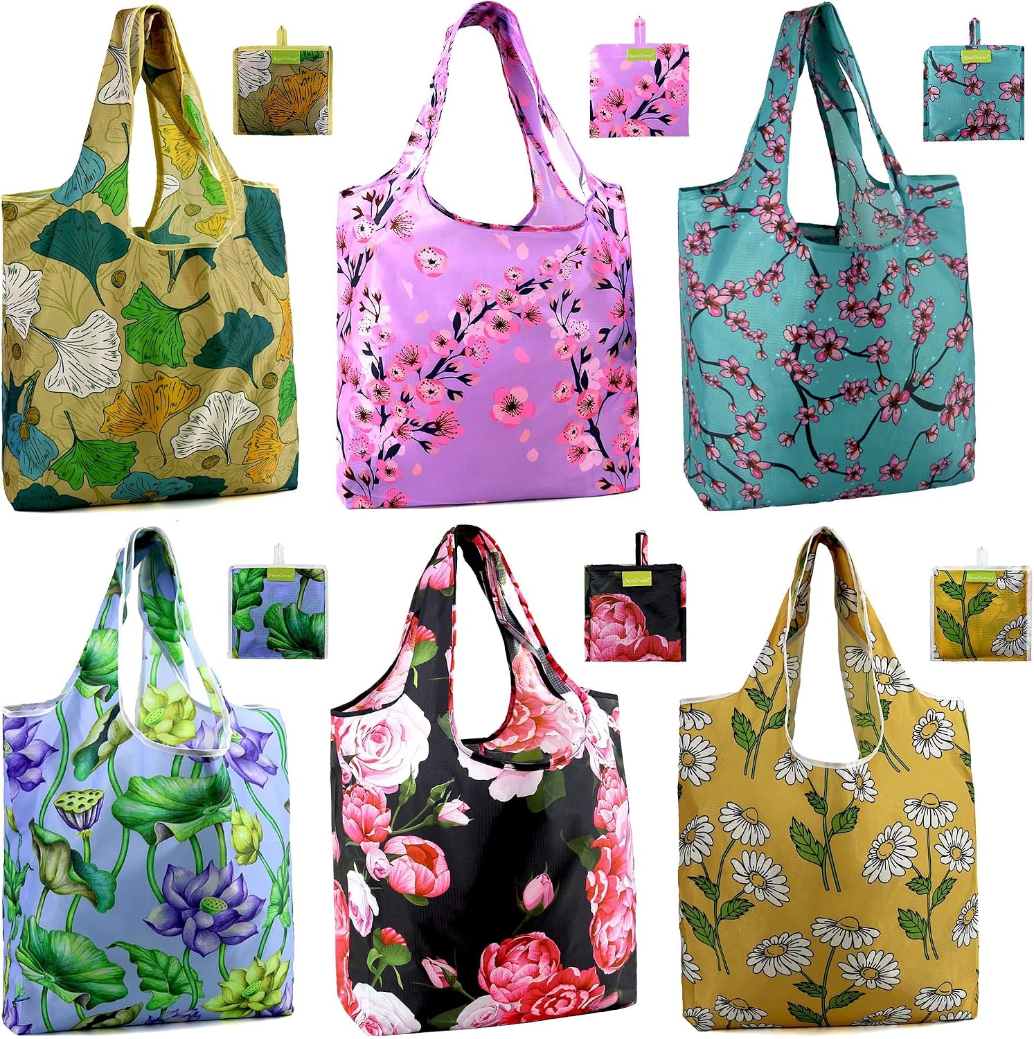 BeeGreen Grocery Bags | Reusable Gift Bags, Large Tote for Women & Foldable Beach Bag - 6 Pack Reusable Bag With Handles | Collapsible Cute Cloth Storage for Market, Holiday & Shopping | Washable​