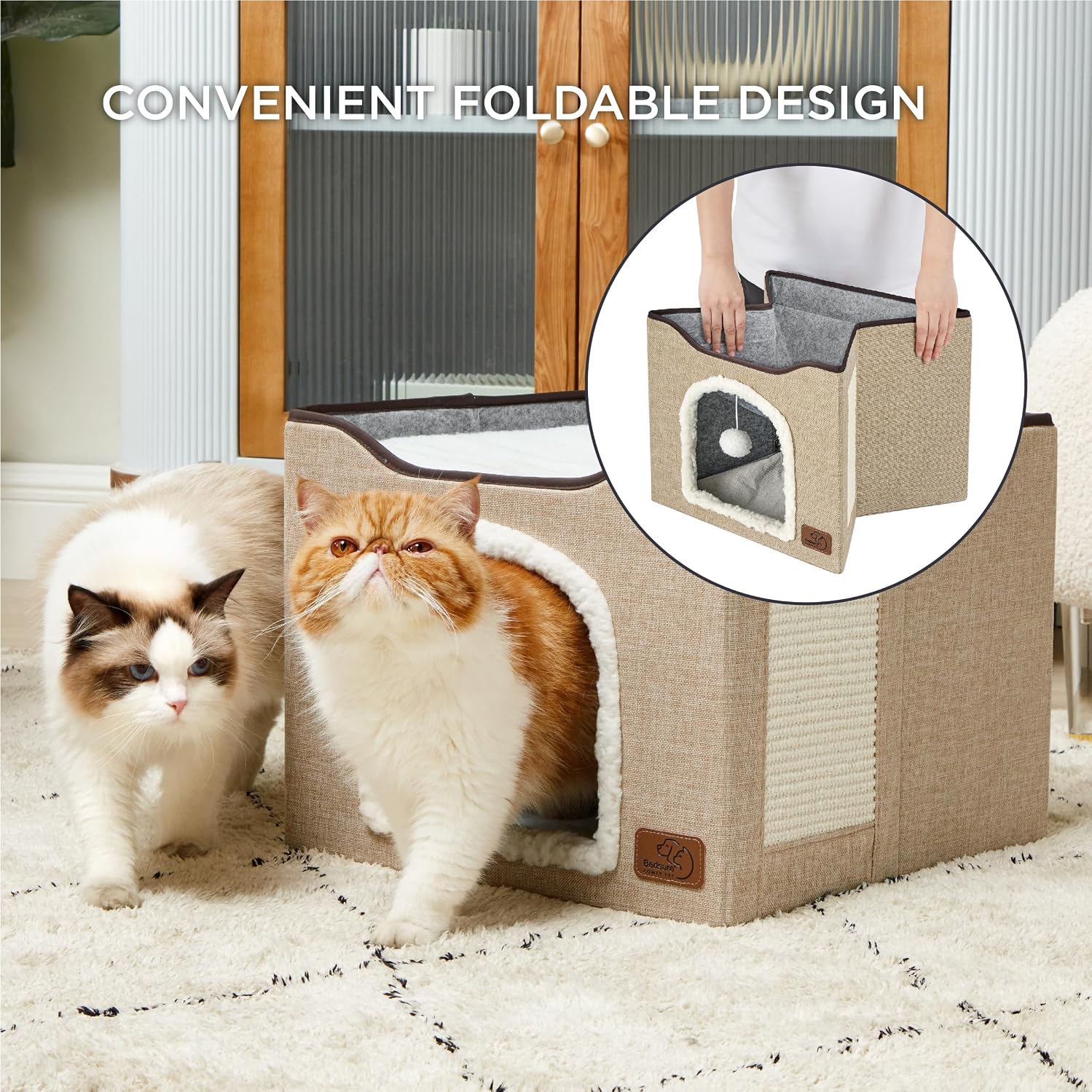 Bedsure Cat House Bed for Indoor Cats with Fluffy Ball and Scratch Pad,Grey
