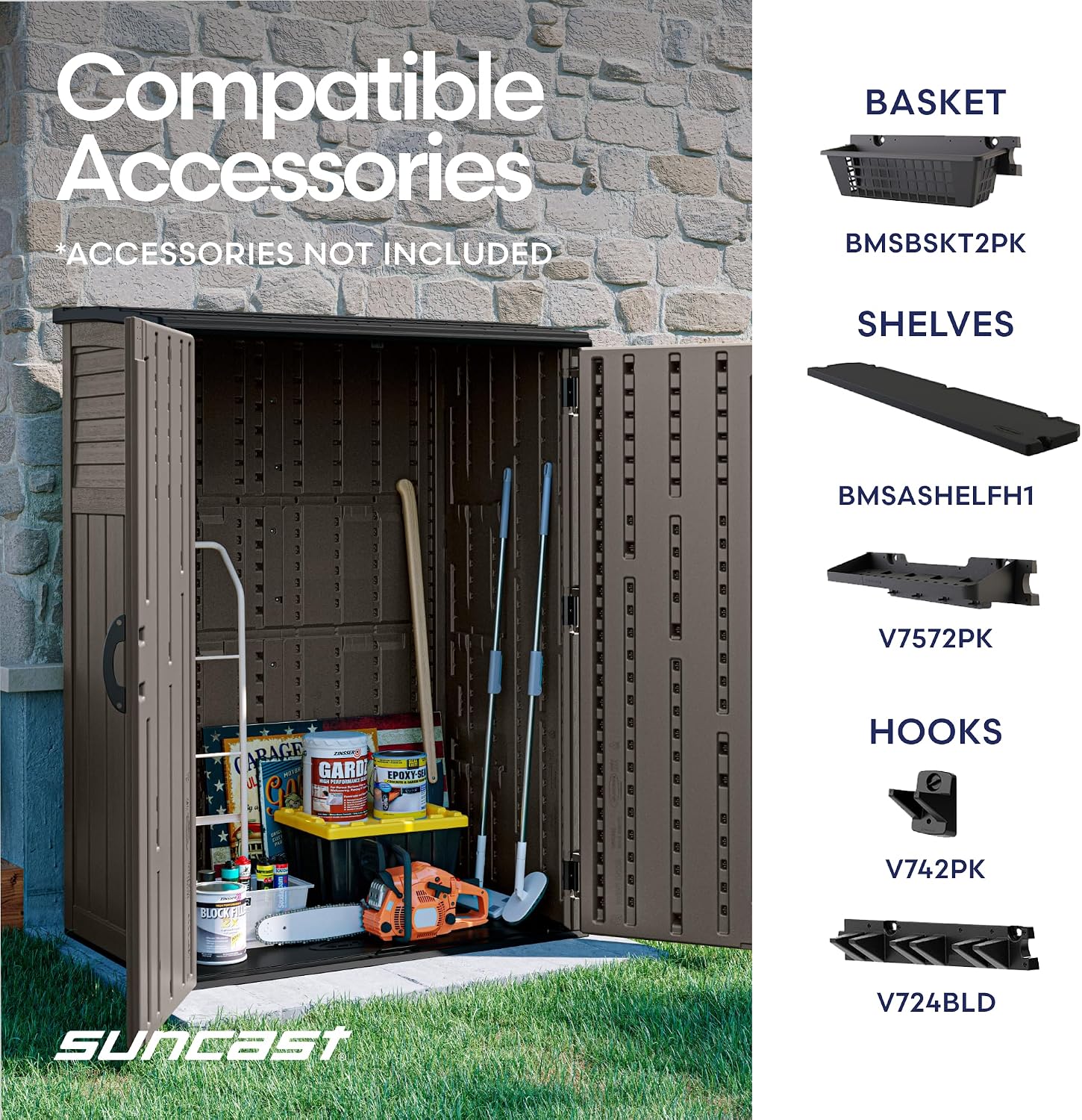 Suncast Outdoor Storage Shed, Water Resistant Resin Vertical Outdoor Storage Cabinet for Patio, Garden Tools, Cushions, & Equipment, Weatherproof Multi-Wall Design, 54 cu. ft., Made in USA