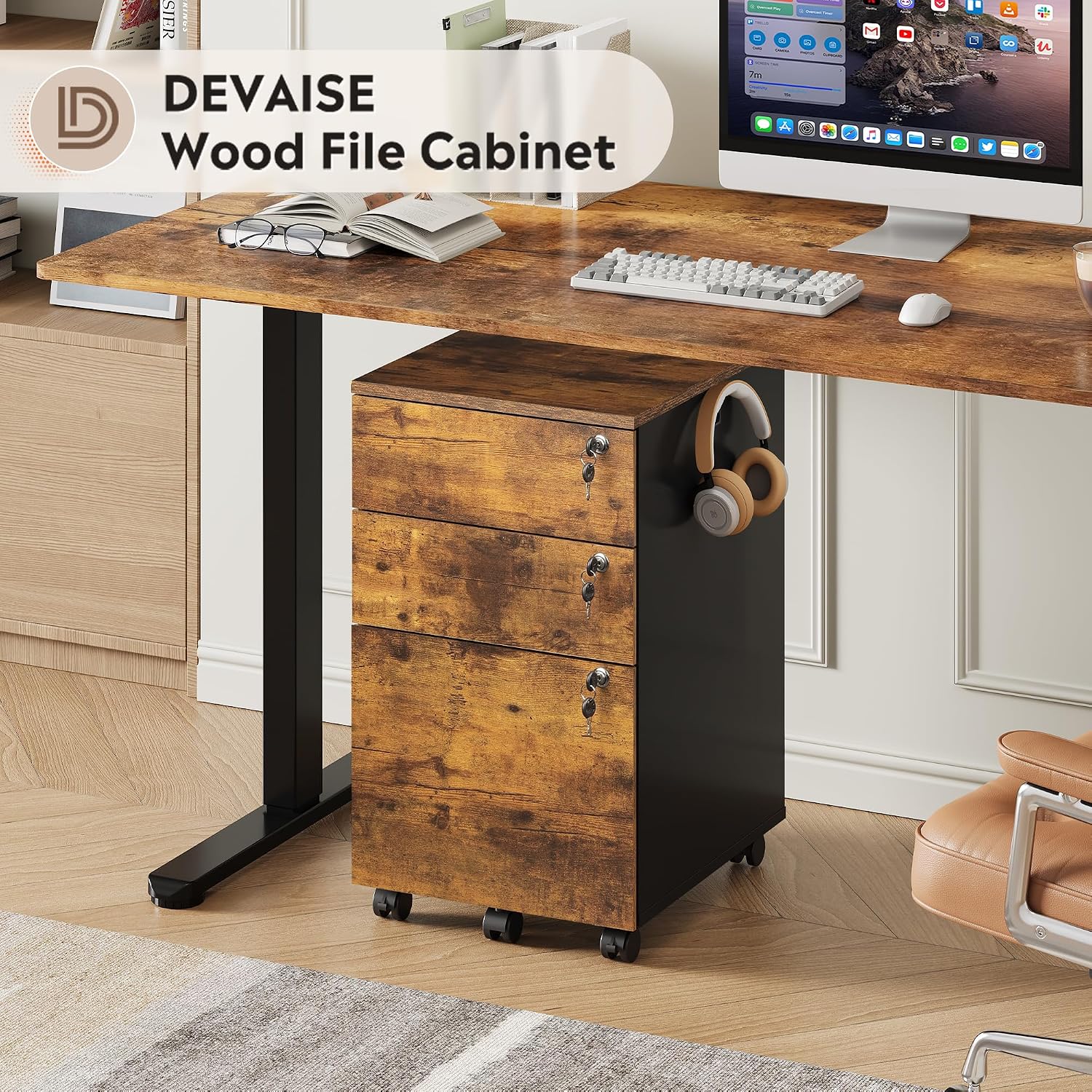 DEVAISE 3 Drawer File Cabinet with Individual Locks, Rustic Brown | Wood Filing Cabinet for Home Office, Mobile Printer Stand with Wheels