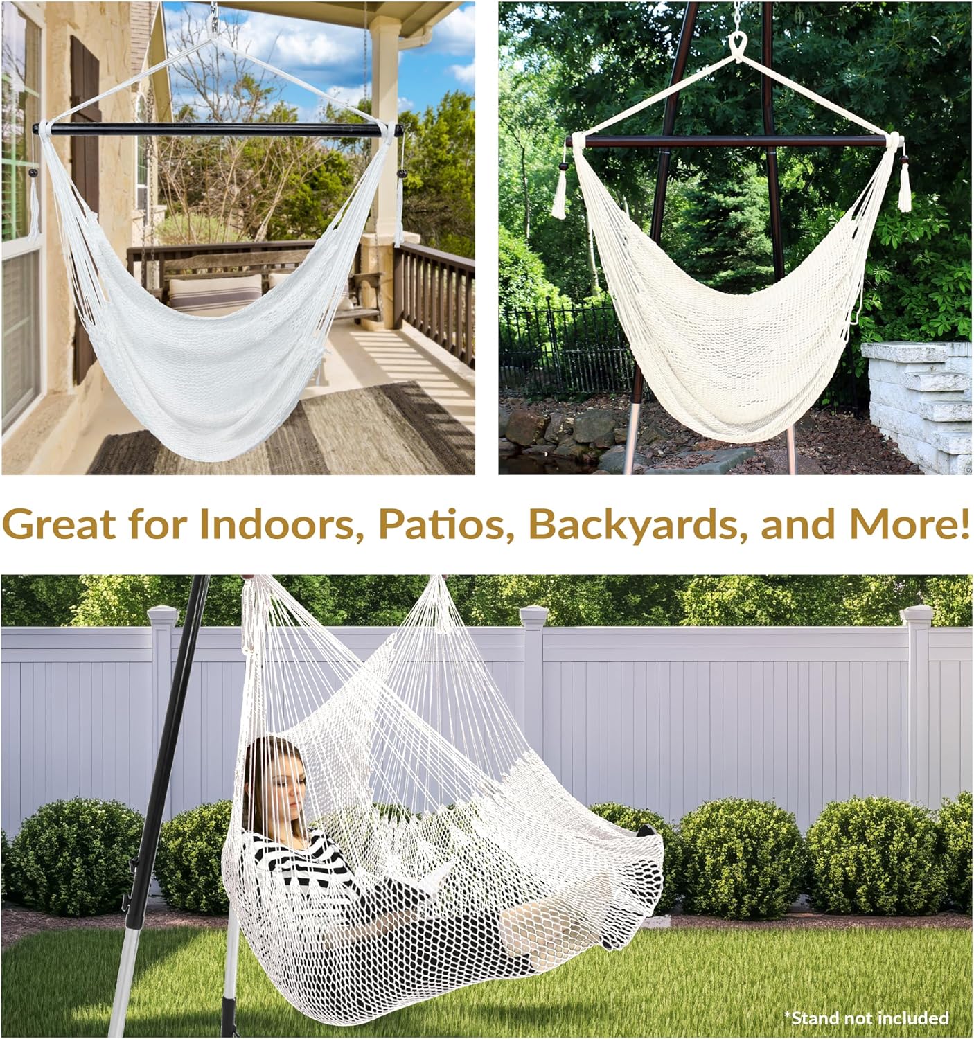 Sunnydaze Hanging Hammock Chair Swing for Patio, Caribbean, Tan | 300 lb Capacity, Wooden Spreader Bar, Woven Polyester, Hang From a Tree, Hammock Chair Stand, or Ceiling, Hammock Swing Chair