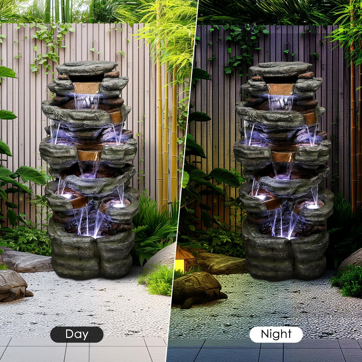 SunJet 40.5” High Rocks Outdoor Water Fountain - 6-Tiers Cascading Waterfall with LED Lights, Soothing Tranquility for Home Garden, Yard Decor