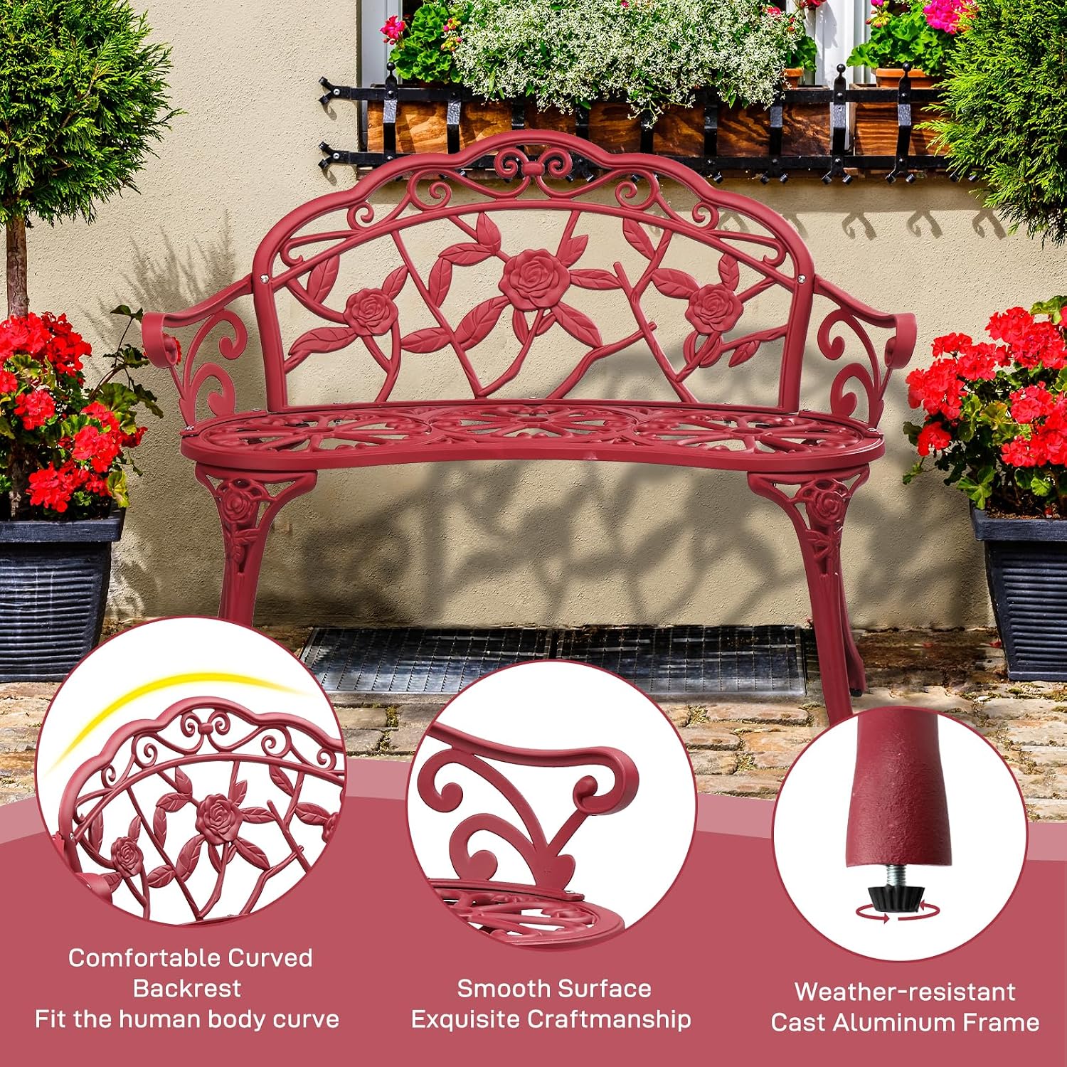 VINGLI 38.5" Patio Park Garden Outdoor Metal Rose Bench, 2-Person Cast Iron Cast Aluminium Frame Antique Finish Chair,Accented Lawn Front Porch Path Yard Decor Deck Furniture (Bronze, Rose)