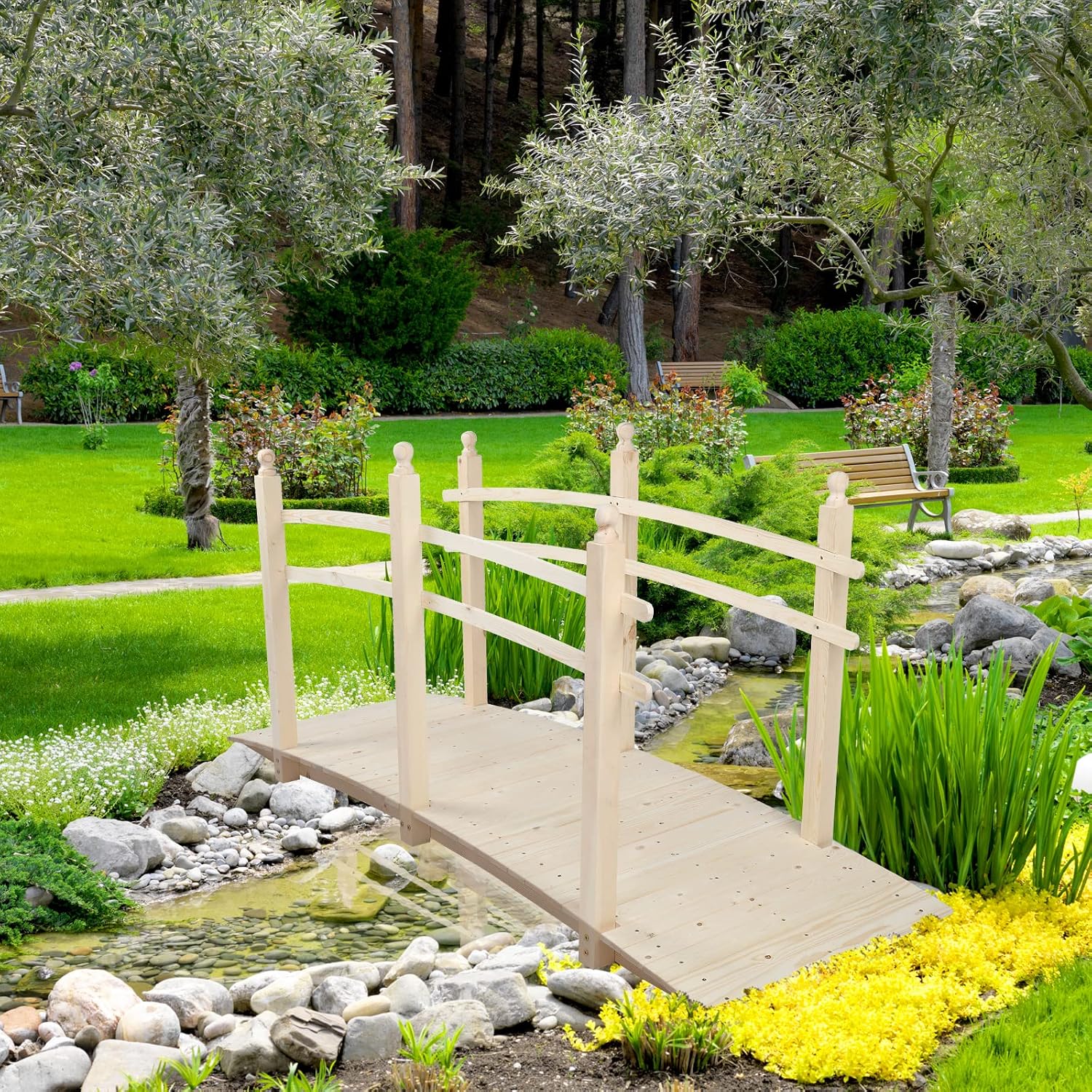 VINGLI 5 ft Garden Bridge, Classic Wooden Arch with Safety Rails Stained Finished Footbridge, Decorative Pond Landscaping, Backyard, Creek or Farm