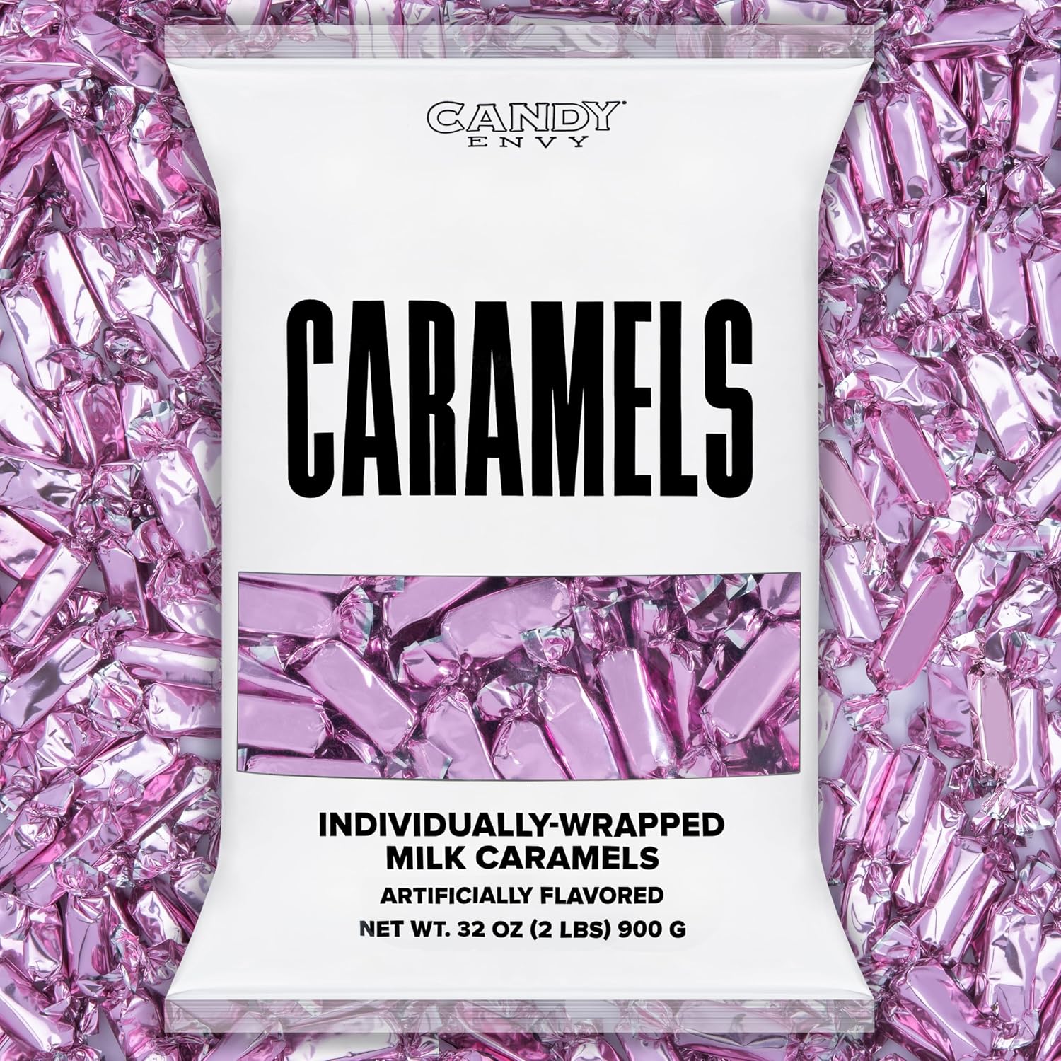 Candy Envy - Individually Wrapped Caramels - Light Pink Wrapper - 2 Pound Bulk Light Pink Valentine Candy