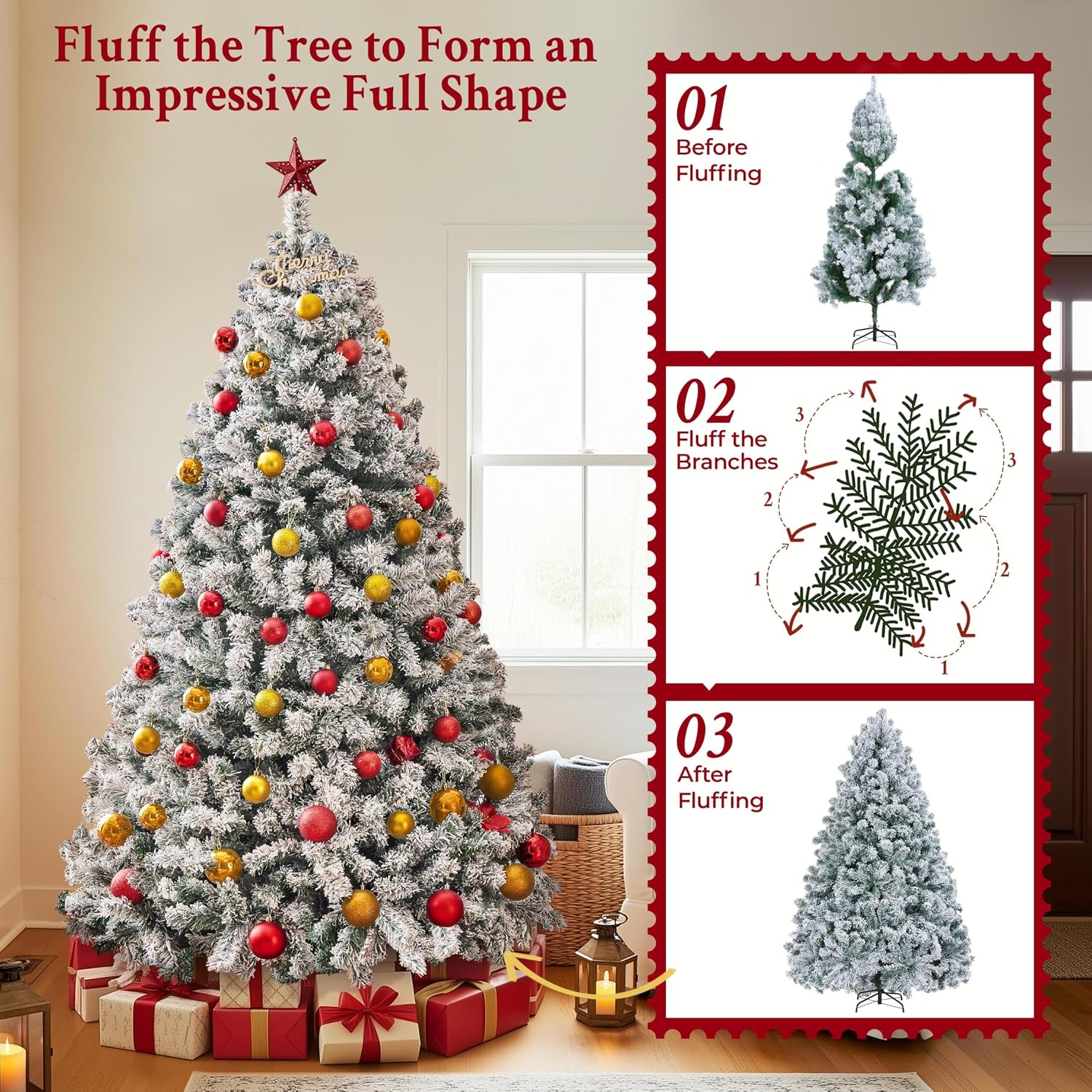 Yaheetech 7.5ft Pre-Lit Snow Flocked Artificial Christmas Tree, 550 Lights