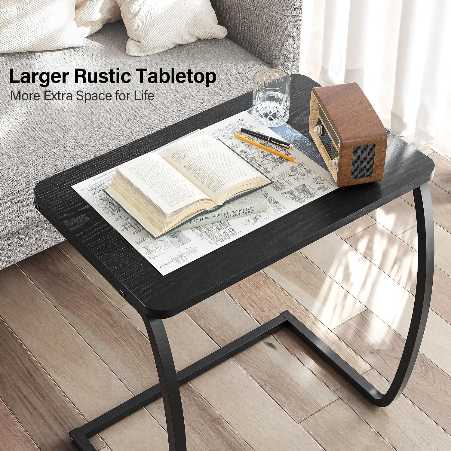 SRIWATANA Walnut C Shaped Side Table, Vintage End Table for Sofa Couch Bed