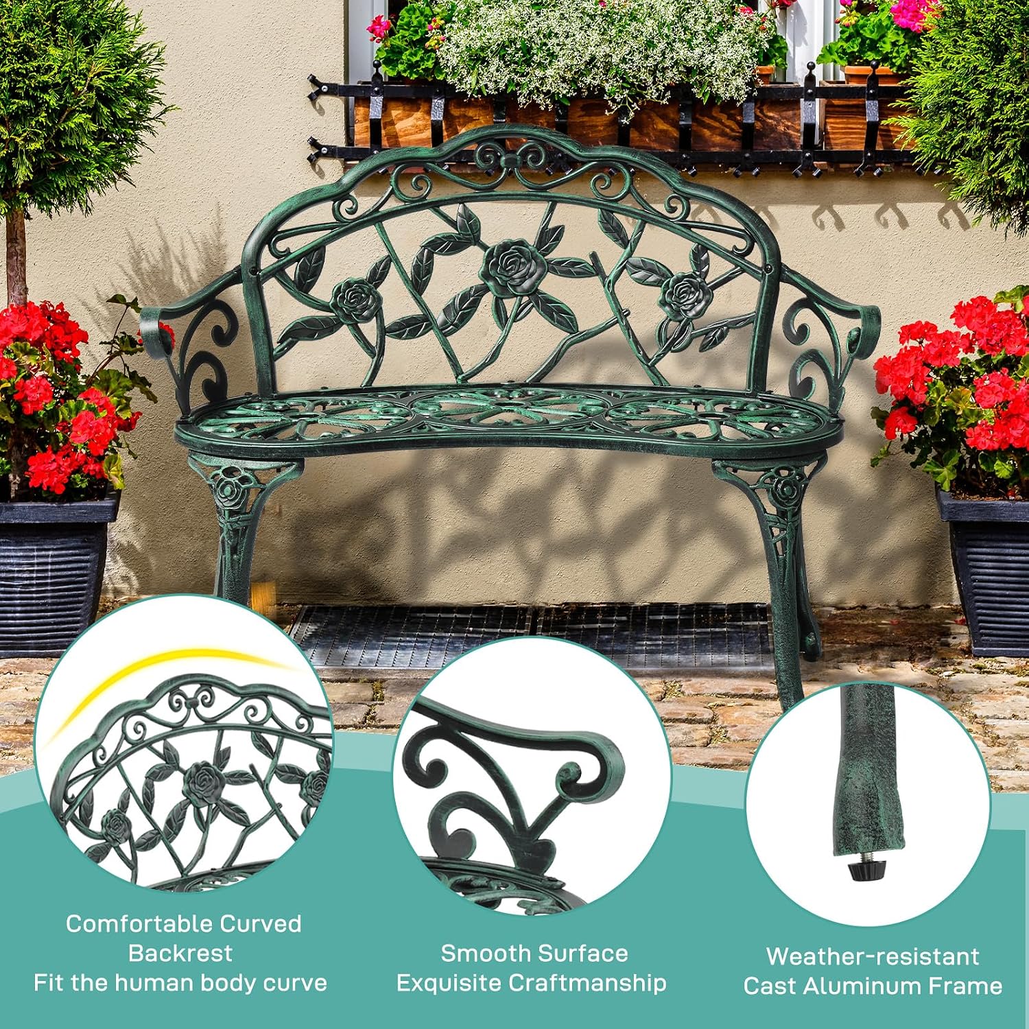 VINGLI 38.5" Patio Park Garden Outdoor Metal Rose Bench, 2-Person Cast Iron Cast Aluminium Frame Antique Finish Chair,Accented Lawn Front Porch Path Yard Decor Deck Furniture (Bronze, Rose)