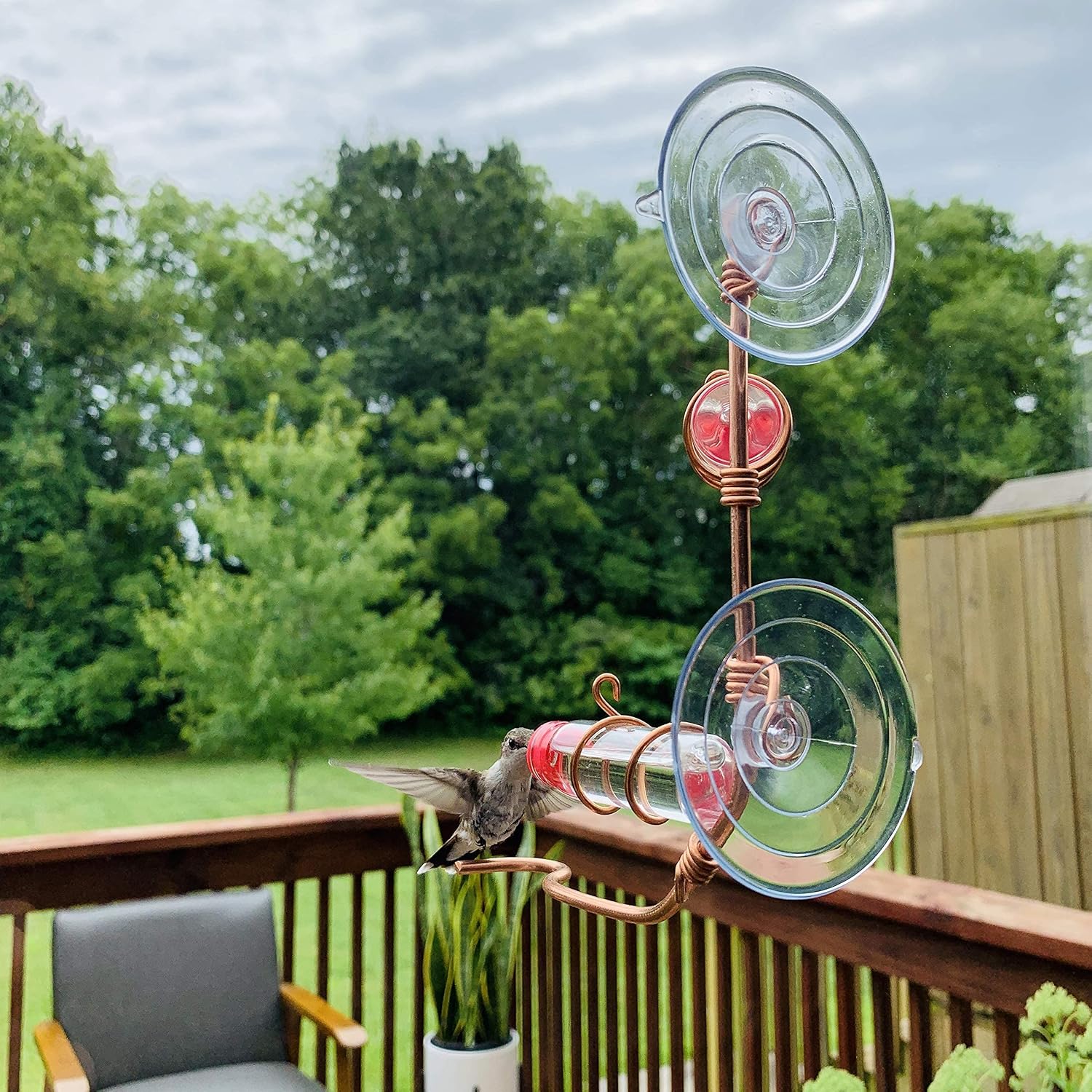 Window Hummingbird Feeder | Handcrafted Copper and Aluminum | Multiple Stations | Modern Hummingbird Feeder | Glass Bottles | Suction Cups (Copper, Four Station)