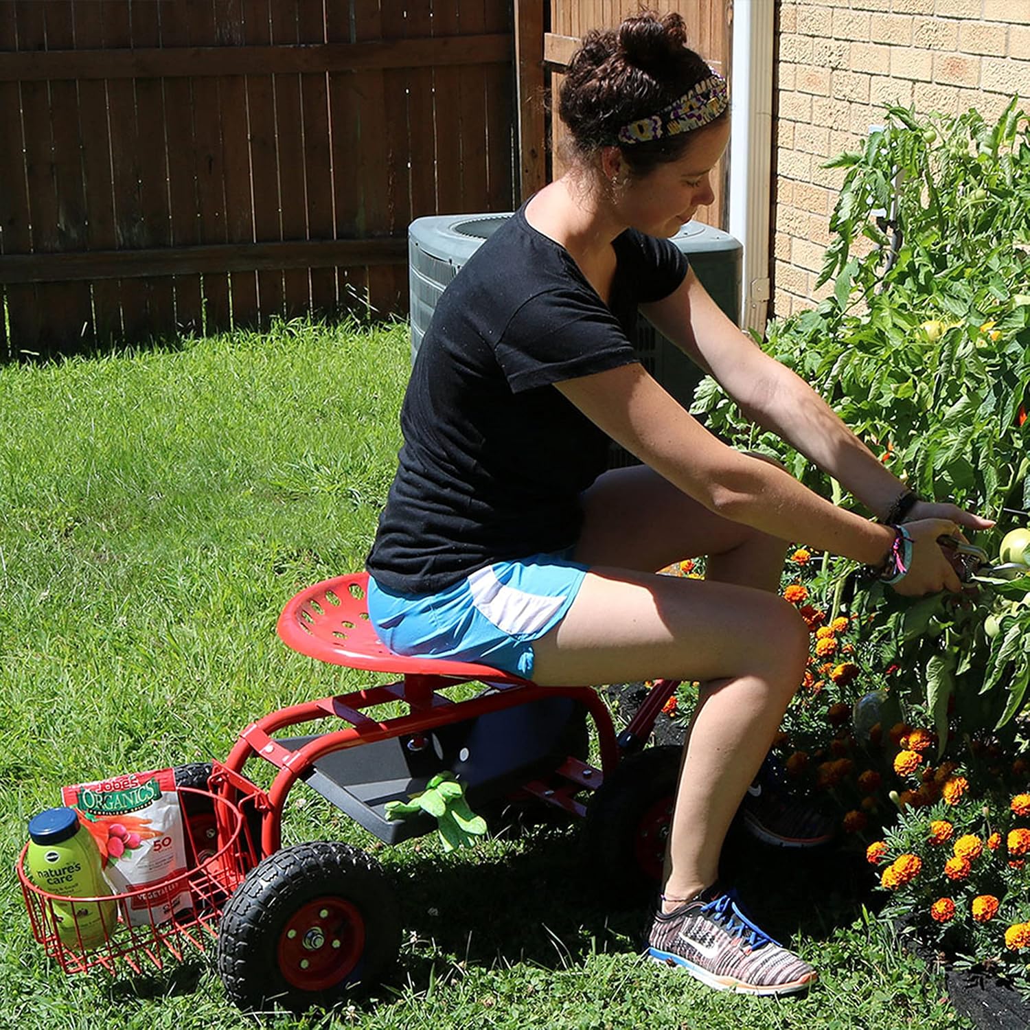Sunnydaze Garden Cart with Wheels and Extendable Handle, Blue | Steel Rolling Gardening Seat with Utility Tray, and Basket for Storage, Rotating, Swiveling Motion