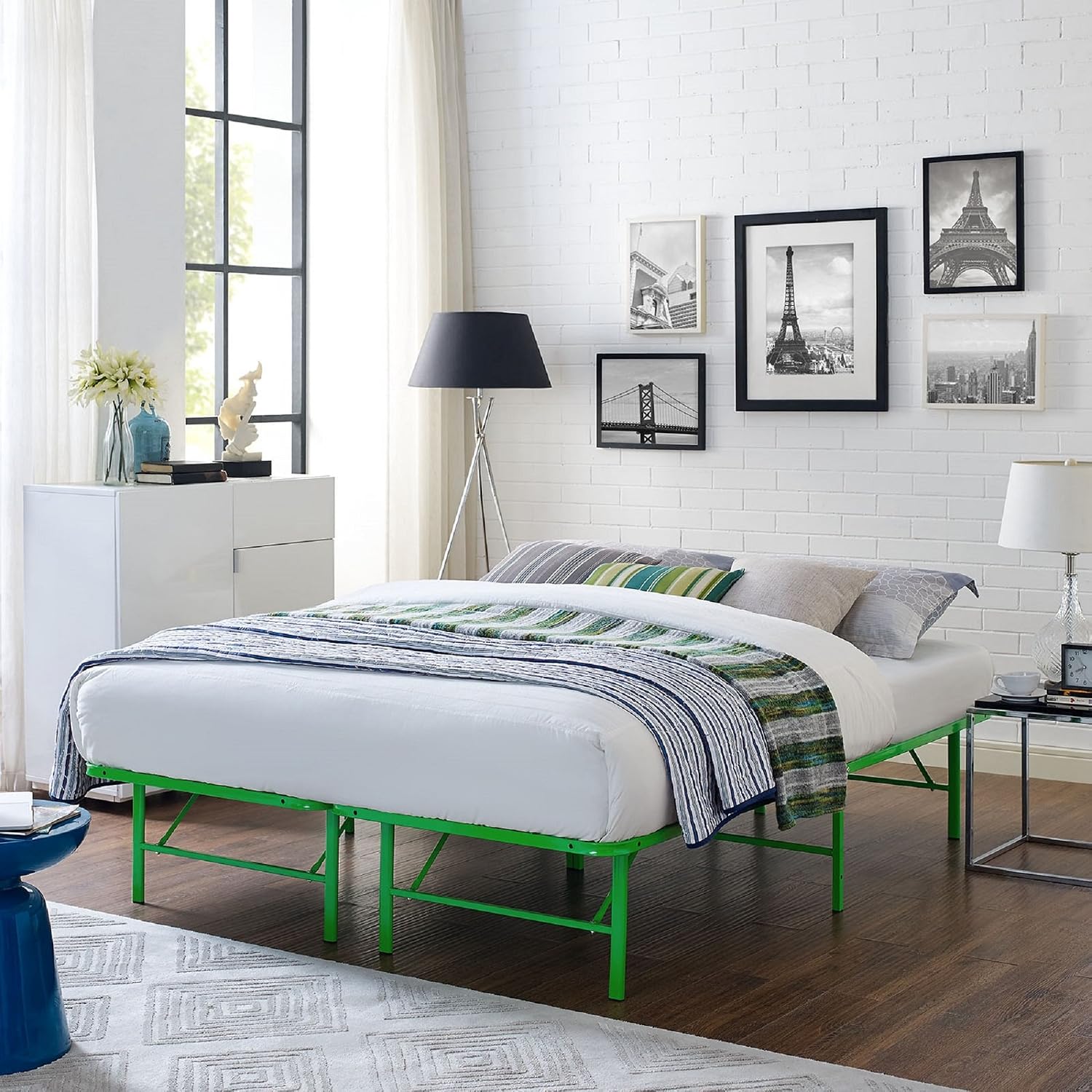 Modway Horizon Queen Bed Frame In Gray - Replaces Box Spring - Folding Metal Mattress Bed Frame