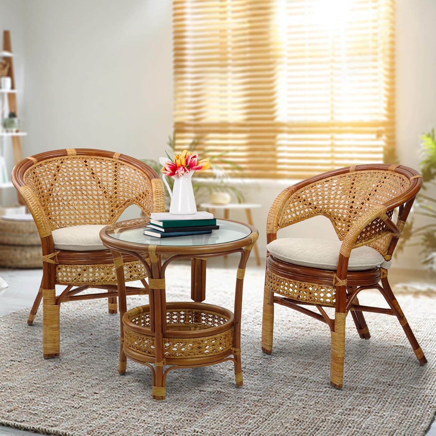 Pelangi Handmade Rattan Dining Wicker Chair Colonial Color w/Cream Cushion