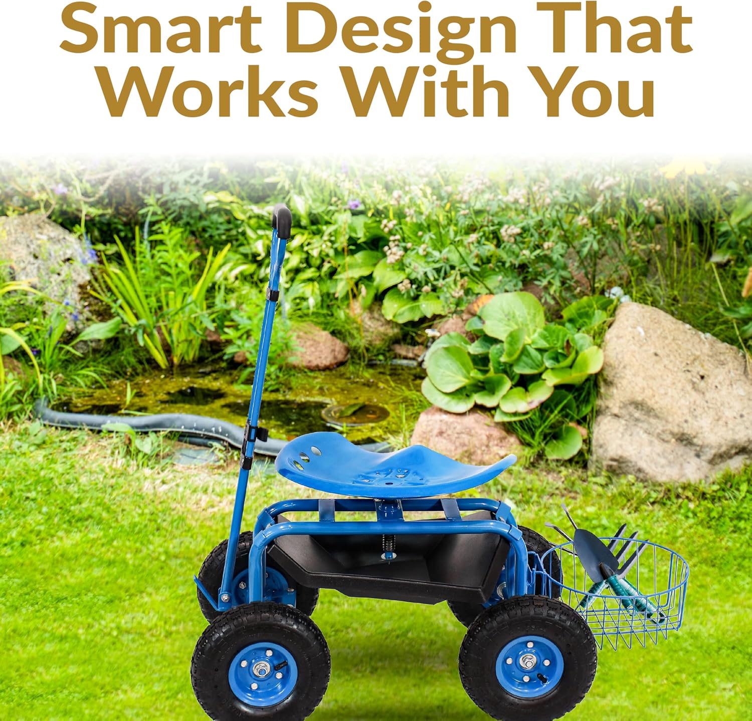 Sunnydaze Garden Cart with Wheels and Extendable Handle, Blue | Steel Rolling Gardening Seat with Utility Tray, and Basket for Storage, Rotating, Swiveling Motion