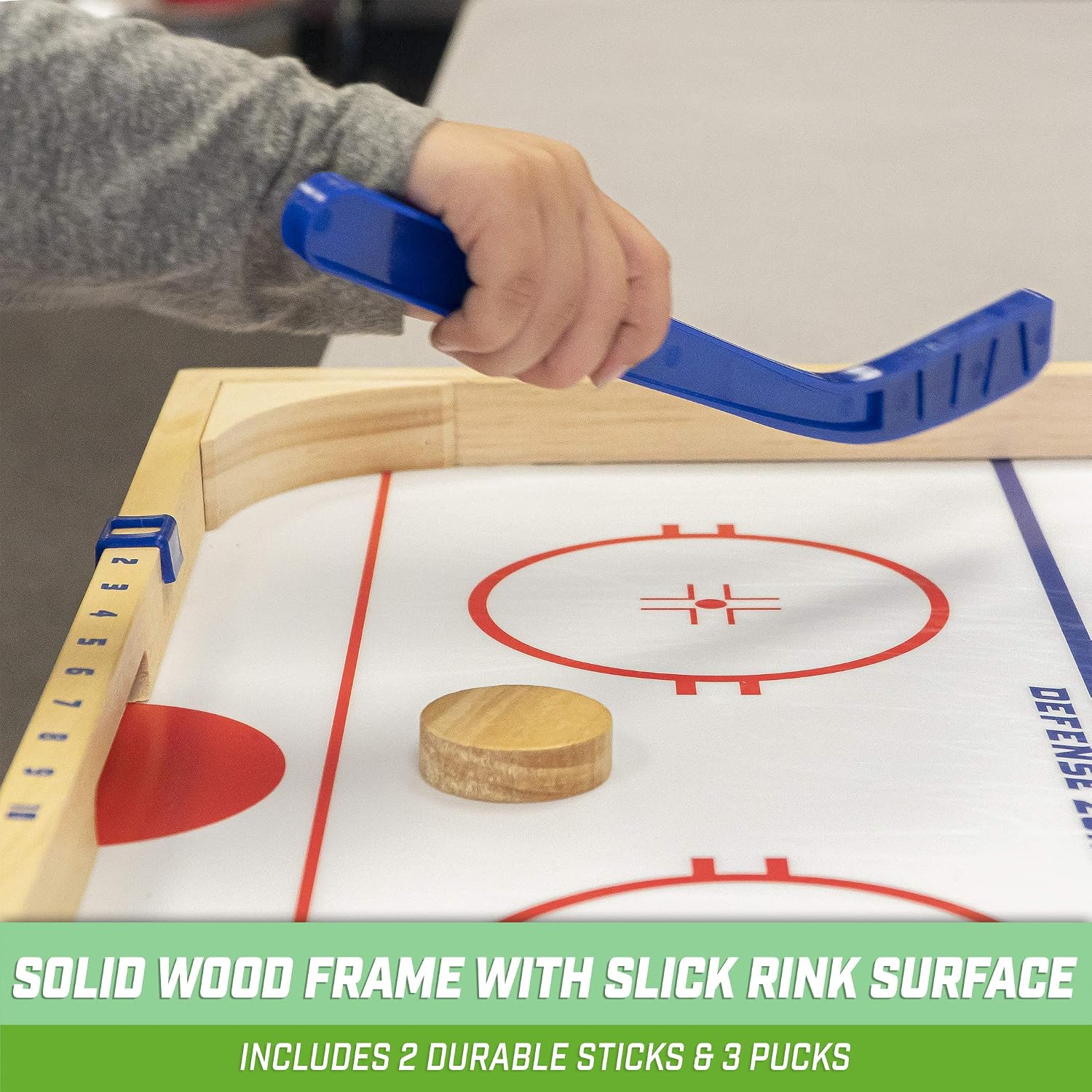 GoSports Hockey Ice Pucky Wooden Table Top Hockey Game for Kids & Adults - Includes 1 Game Board, 2 Hockey Sticks & 3 Pucks