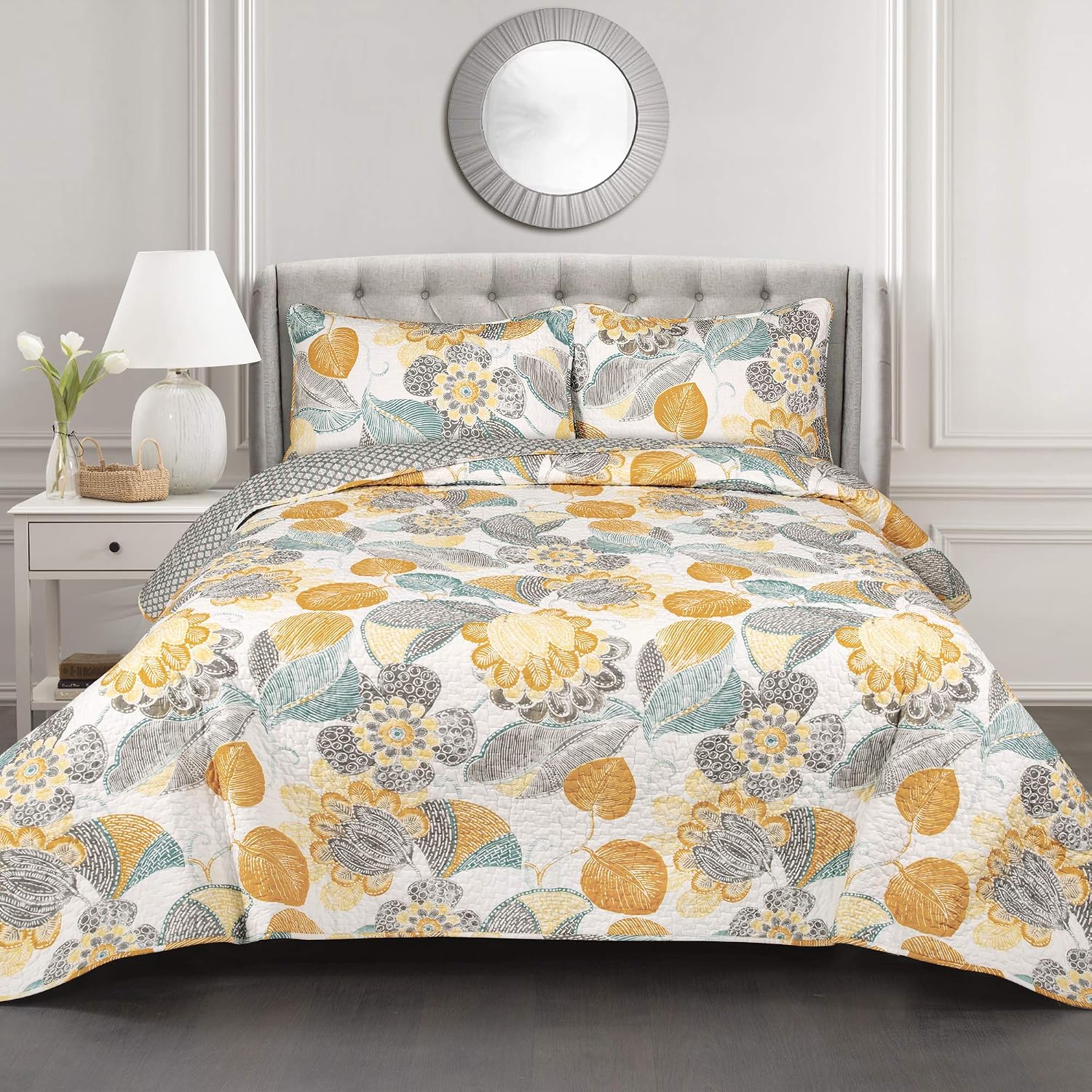 Lush Decor Layla Quilt Floral Leaf Print 3 Piece Reversible Bedding Set Full/Queen Orange & Blue
