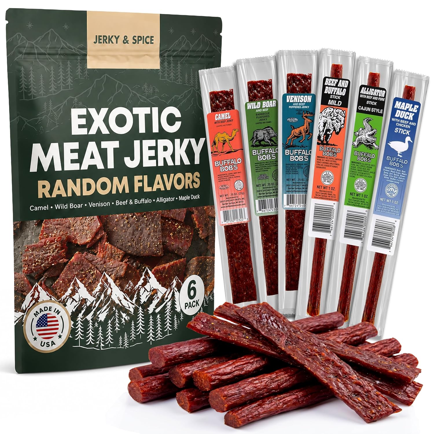 Buffalo Bob's Exotic Meat Random Flavors - Beef Jerky Variety, 6-Pack | Sampler Set, Gift Basket for Men, Hunting & Camping Adventure, Stocking Stuffers, High Protein Snack, Gluten-Free Diet