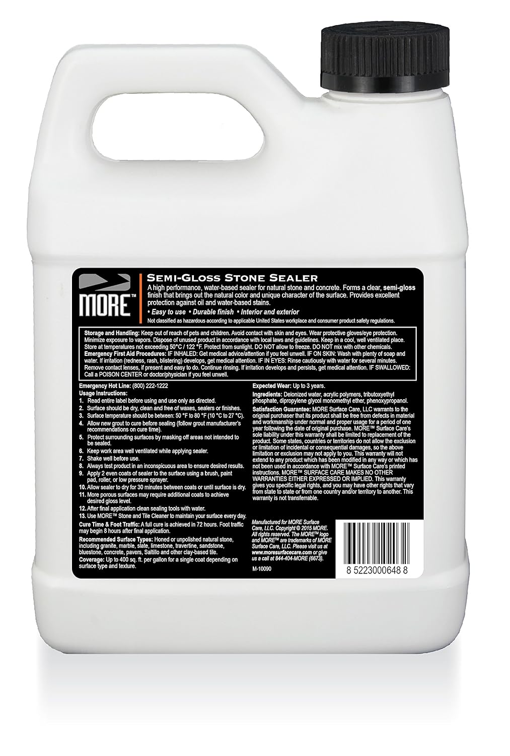 MORE- Semi-Gloss Stone Sealer - Seal & Enhance Natural Stone, Paver, Tile & Concrete - Wet Look Semi-Gloss Finish - Protects Against Oil & Water-Based Stains - Indoor/Outdoor - Water-Based - 128oz