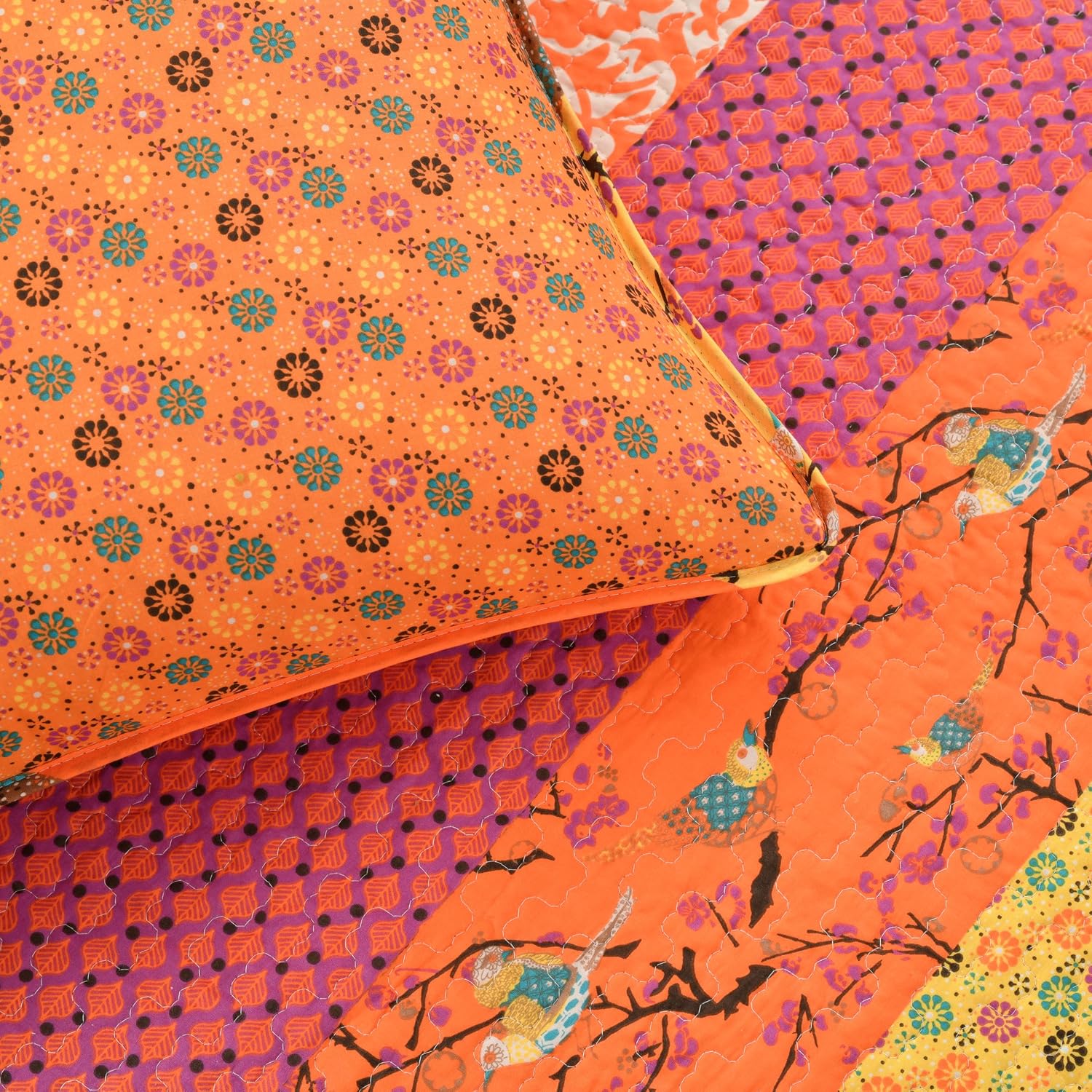 Lush Decor Royal Empire Reversible Cotton Quilt Set, 3 Piece Set Full/ Queen, Plum - Striped Bedding Set - Floral Quilt Queen Size - Purple Bedding - Boho Decor