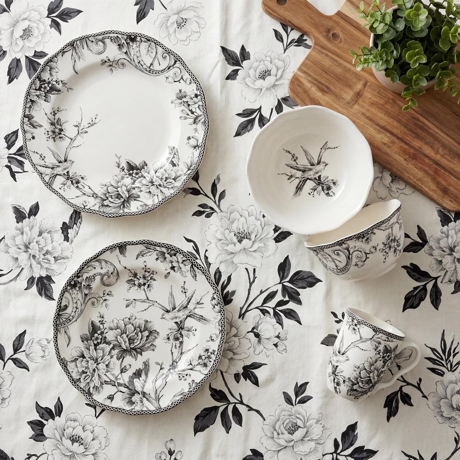 222 Fifth Adelaide 16-Piece Black Porcelain Dinnerware Set – Service for 4, Featuring Hand-Applied Romantic Woodland Bird Design