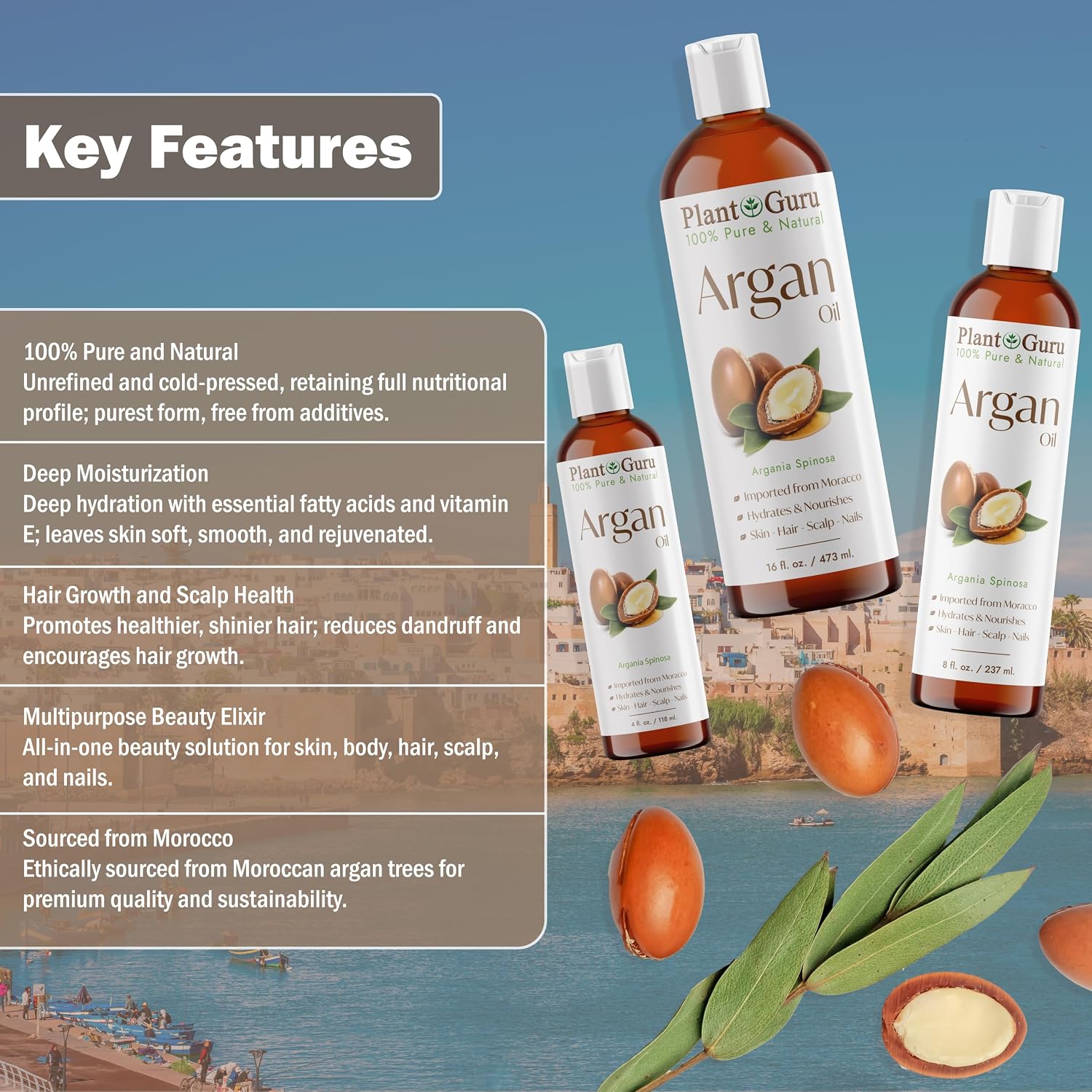 Plant Guru Argan Oil 16 fl. oz. Morocco Virgin, Cold Pressed 100% Pure Natural - Stimulates Hair Growth, Skin, Face And Body Moisturizer.