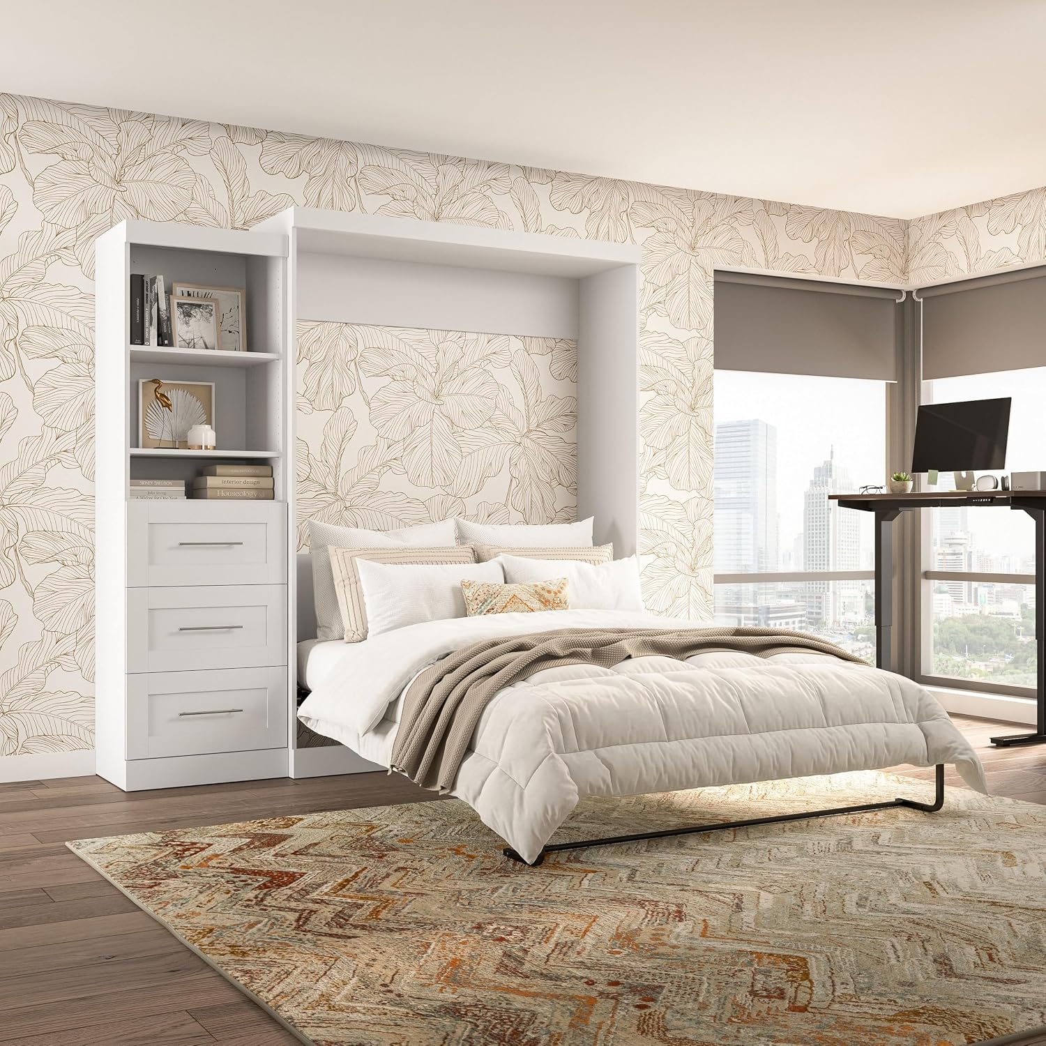 Bestar Pur Queen Murphy Bed and Shelving Unit with Drawers, 90-inch Space-Saving Wall Bed | Shelving Unit with Drawers, supports up to 1000 lb