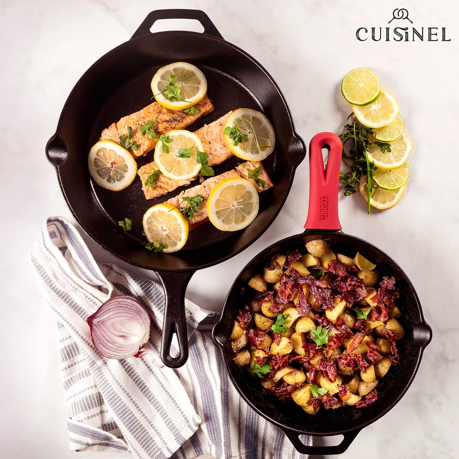 Cast Iron Skillet - 10"-Inch Frying Pan with Pour Spouts + Pan Scraper + Silicone Grip Handle Cover Holder - Pre-Seasoned Oven Cookware - Indoor/Outdoor Use - Stovetop, Induction. PFAS and PFOA-free