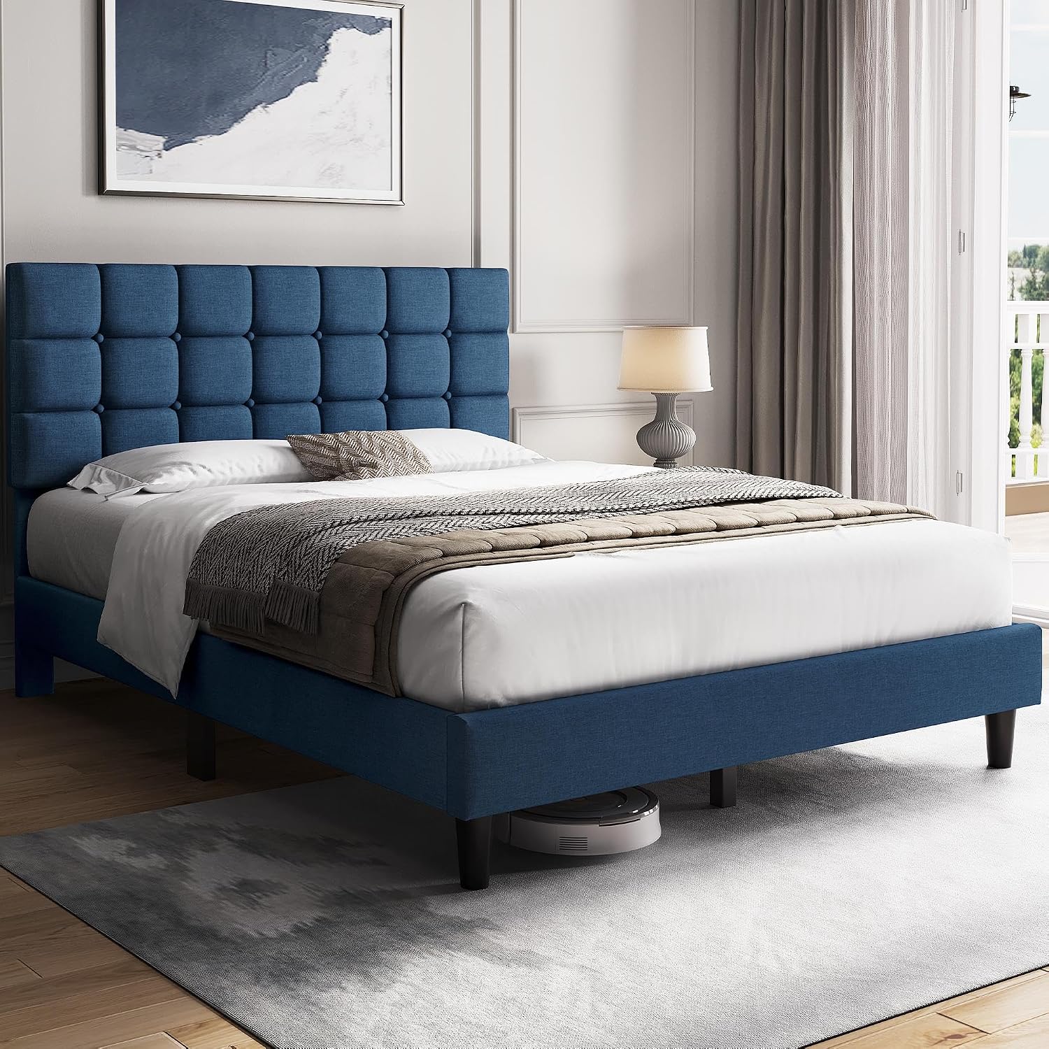 Yaheetech Full Size Upholstered Tufted Bed Frame with Headboard, Dark Gray | Sturdy engineered wood frame with linen fabric upholstery features a soft tufted headboard for easy assembly and support
