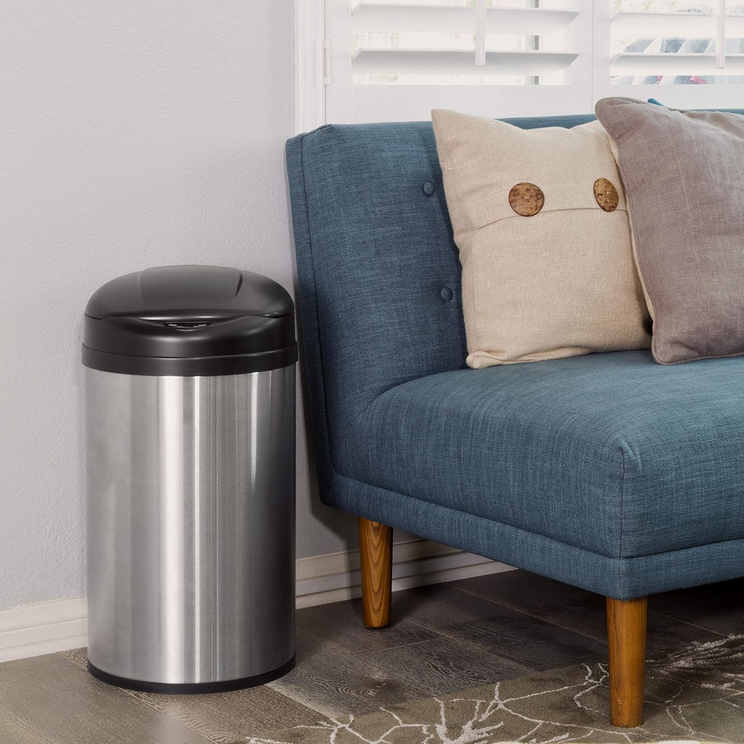 NINESTARS CB-DZT-50-98-1C Automatic Touchless Motion Sensor Oval & Rectangular Trash Can Combo Set, 13.2 Gal. 50 L. & 2.1 Gal.8 L., Stainless Steel