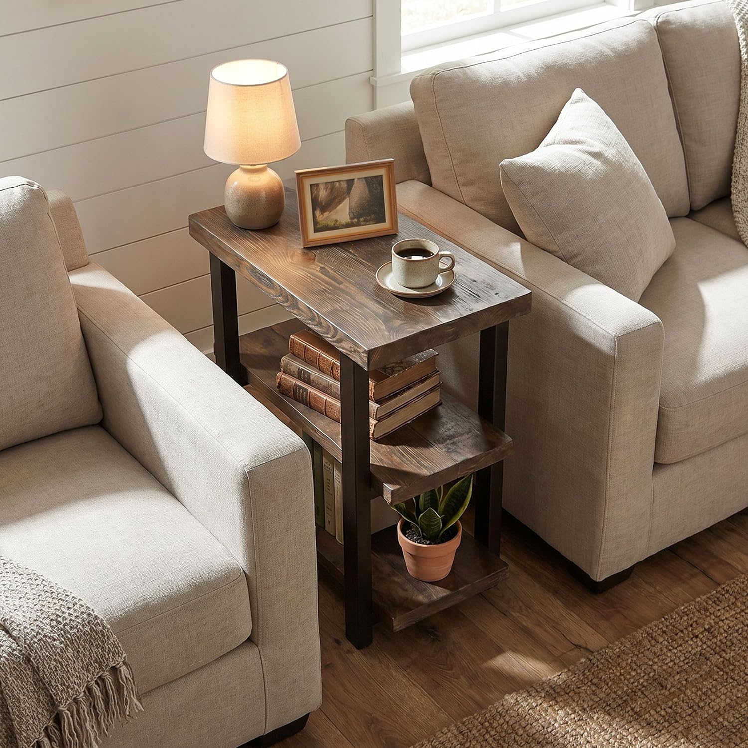 Alaterre Furniture Pomona Solid Wood 2-Tier End Table, Rustic Brown, 27” | Nightstand with Storage Shelf and Metal Legs, Industrial Farmhouse Chair Side Table for Living Room or Bedroom