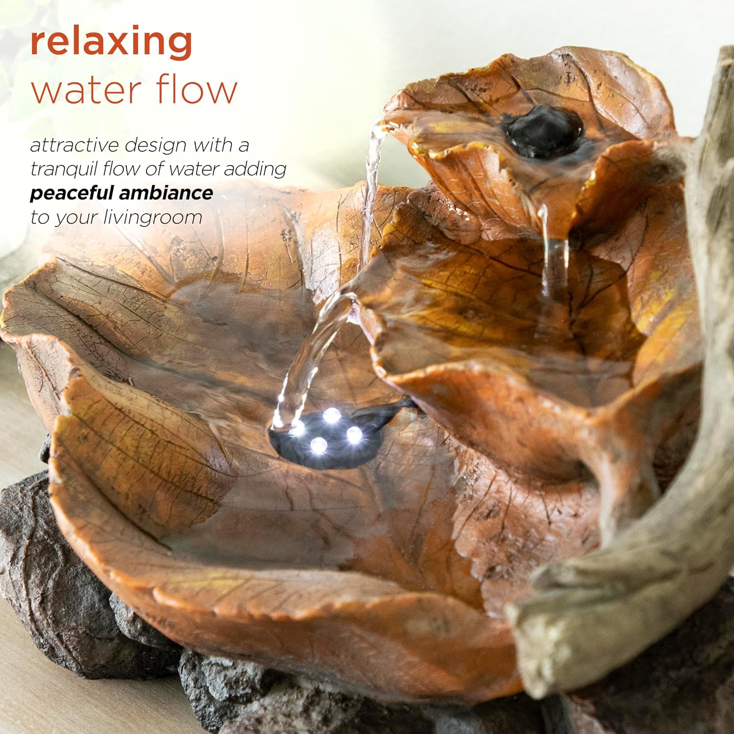 Alpine Corporation WIN326 Indoor Tabletop Light-Up Tiered Rainforest Tree Trunk Water Fountain with LED Lights, 11", Brown