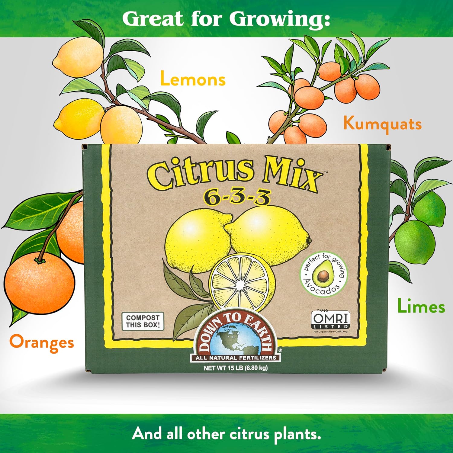 Down To Earth All Natural Fertilizers Organic Citrus Mix - 6-3-3, 1 lb | Plant Food for Lemons, Limes, Oranges, Avocados, Fruit Trees, Vines, Contains Nitrogen, Zinc, Iron, For Blossoms and Fruits